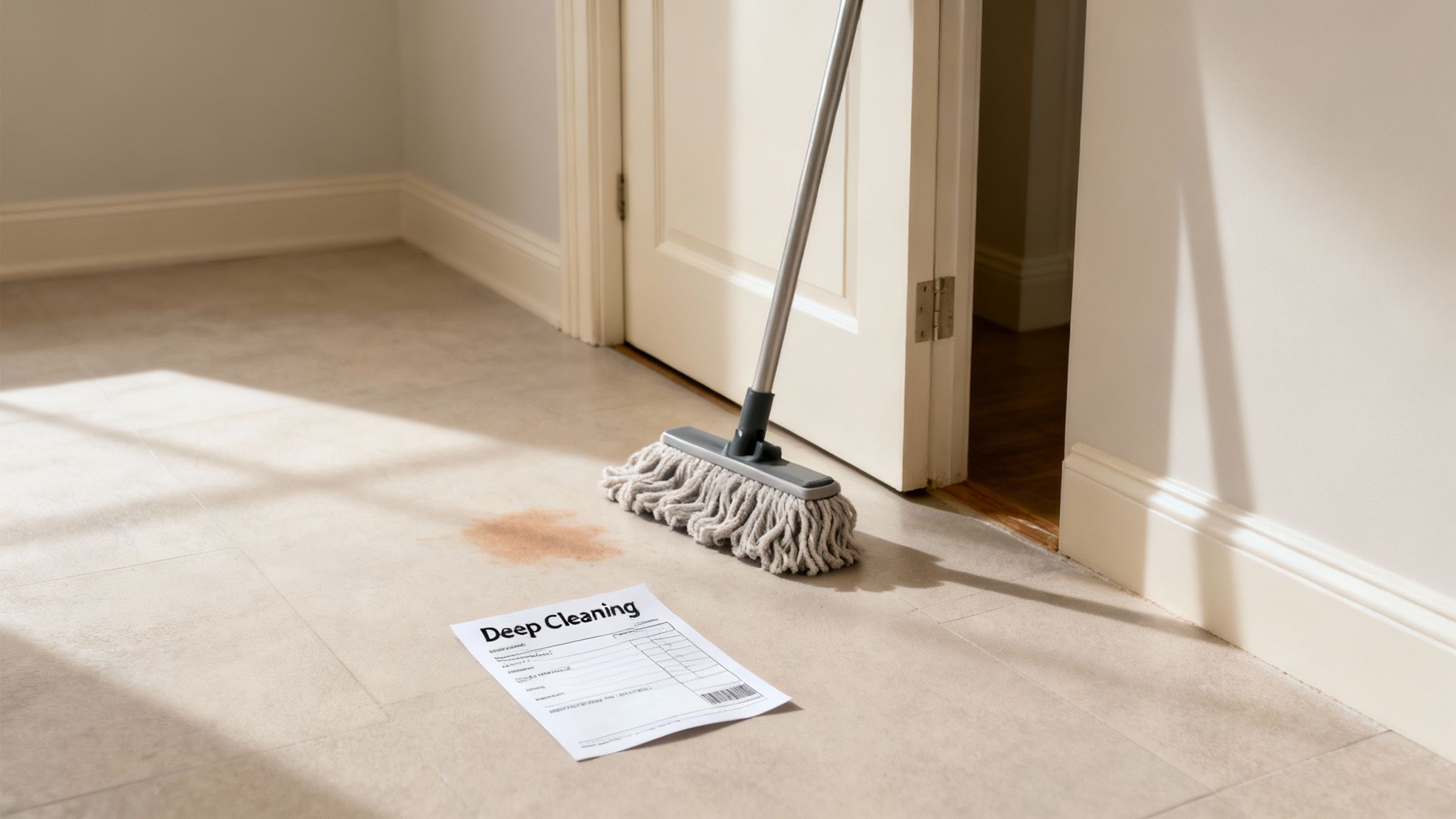 A mop, a 'Deep Cleaning' form, and a brown stain on a light floor in a room.