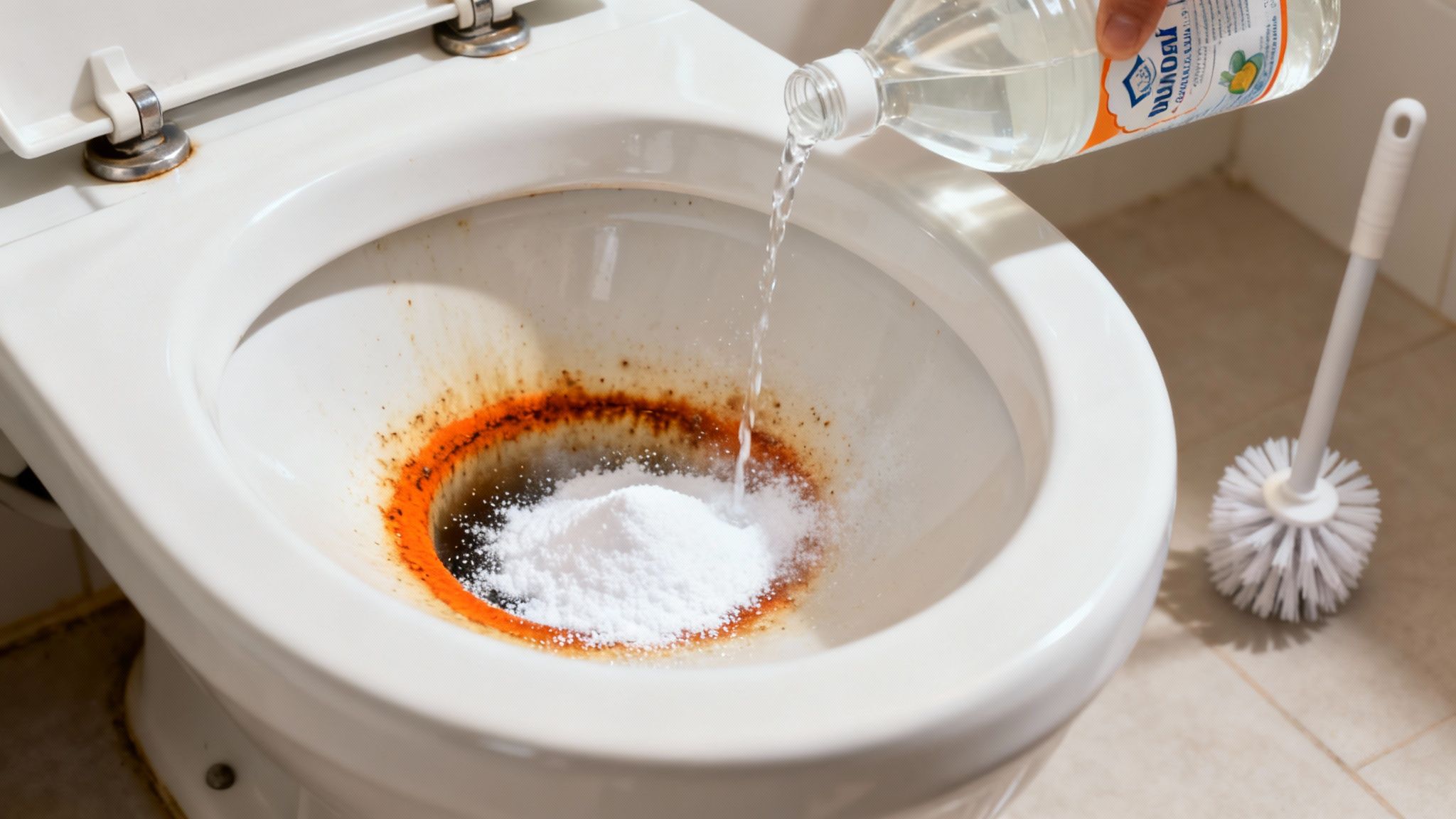 A person pours liquid from a bottle onto baking soda in a rust-stained toilet bowl.