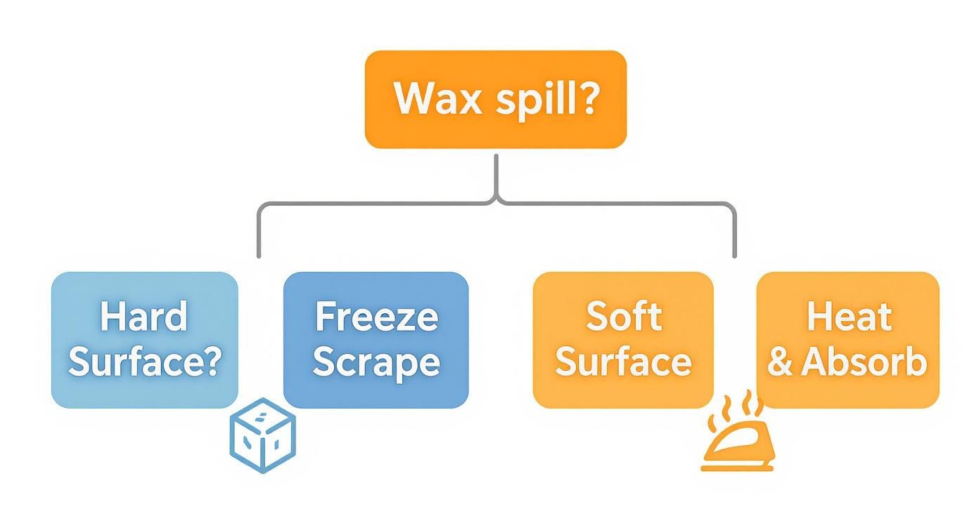 Flowchart detailing how to remove a wax spill: freeze and scrape for hard surfaces, heat and absorb for soft surfaces.