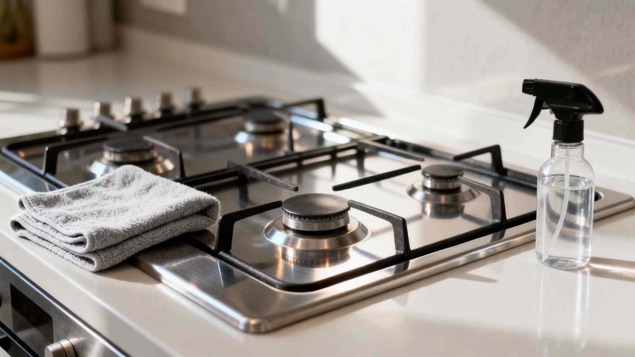 A modern stainless steel gas stove with a gray cleaning cloth and spray bottle on a white countertop.