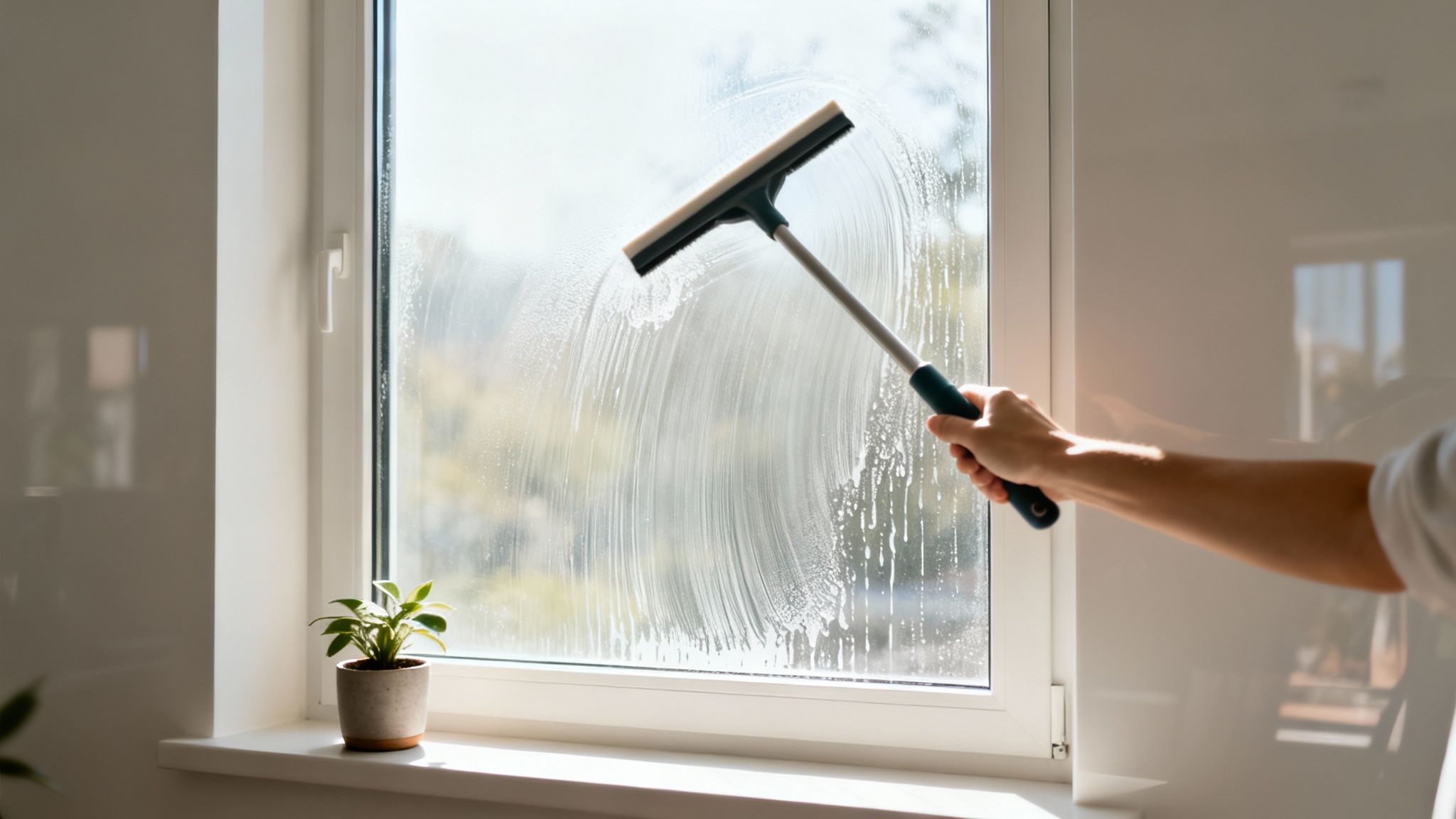 A person's hand uses a squeegee to clean a window, leaving soapy suds.