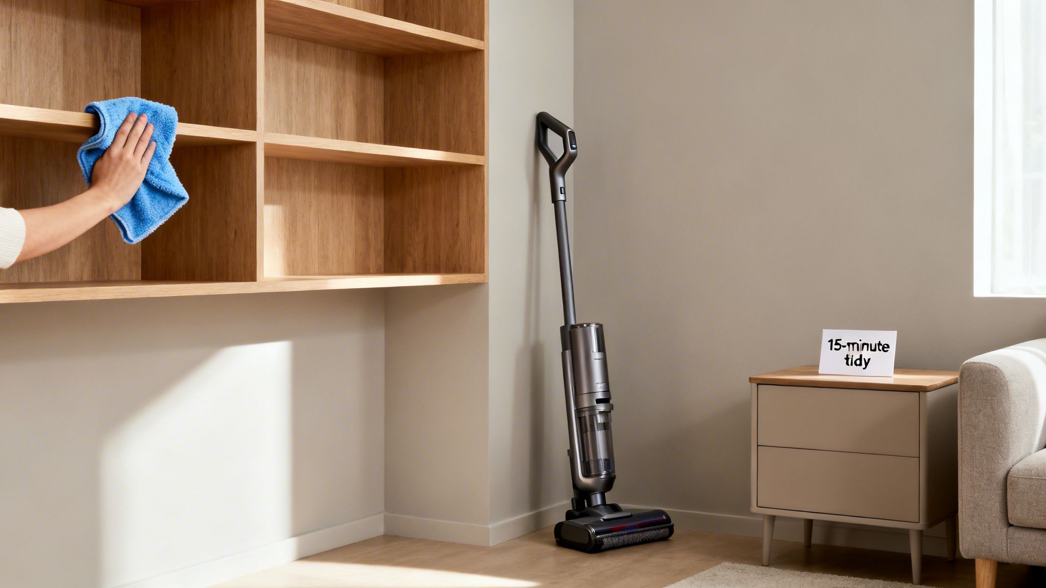 A person dusts wooden shelves, with a vacuum cleaner and a '15-minute tidy' sign.