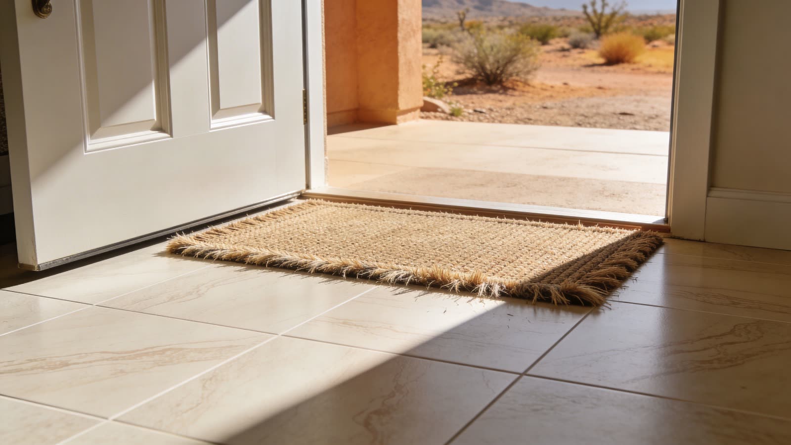 A view from inside looking out of an open doorway with a woven mat on tiled flooring.