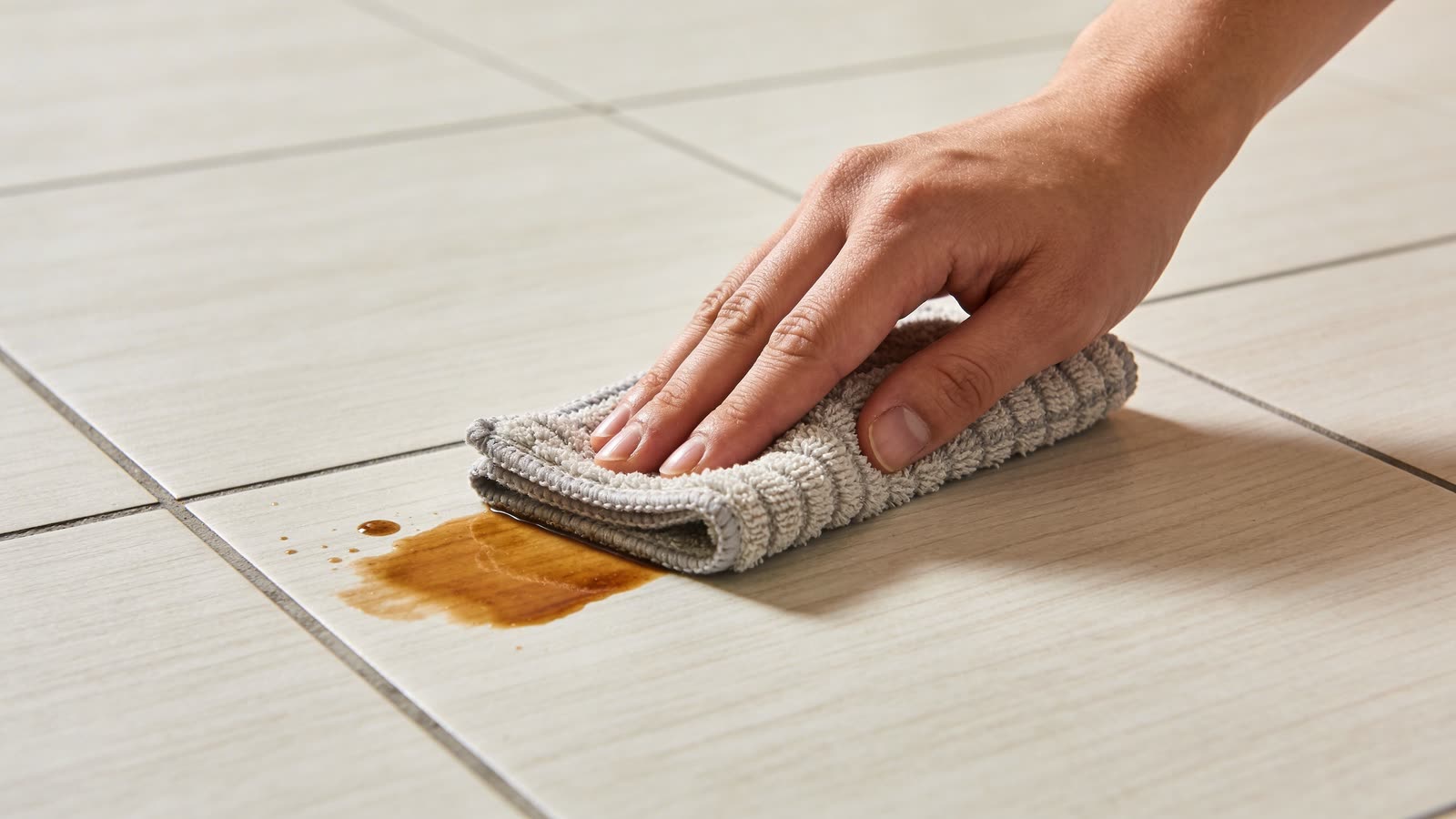 A close-up view of a person's hand using a gray microfiber cloth to wipe up a brown spill.