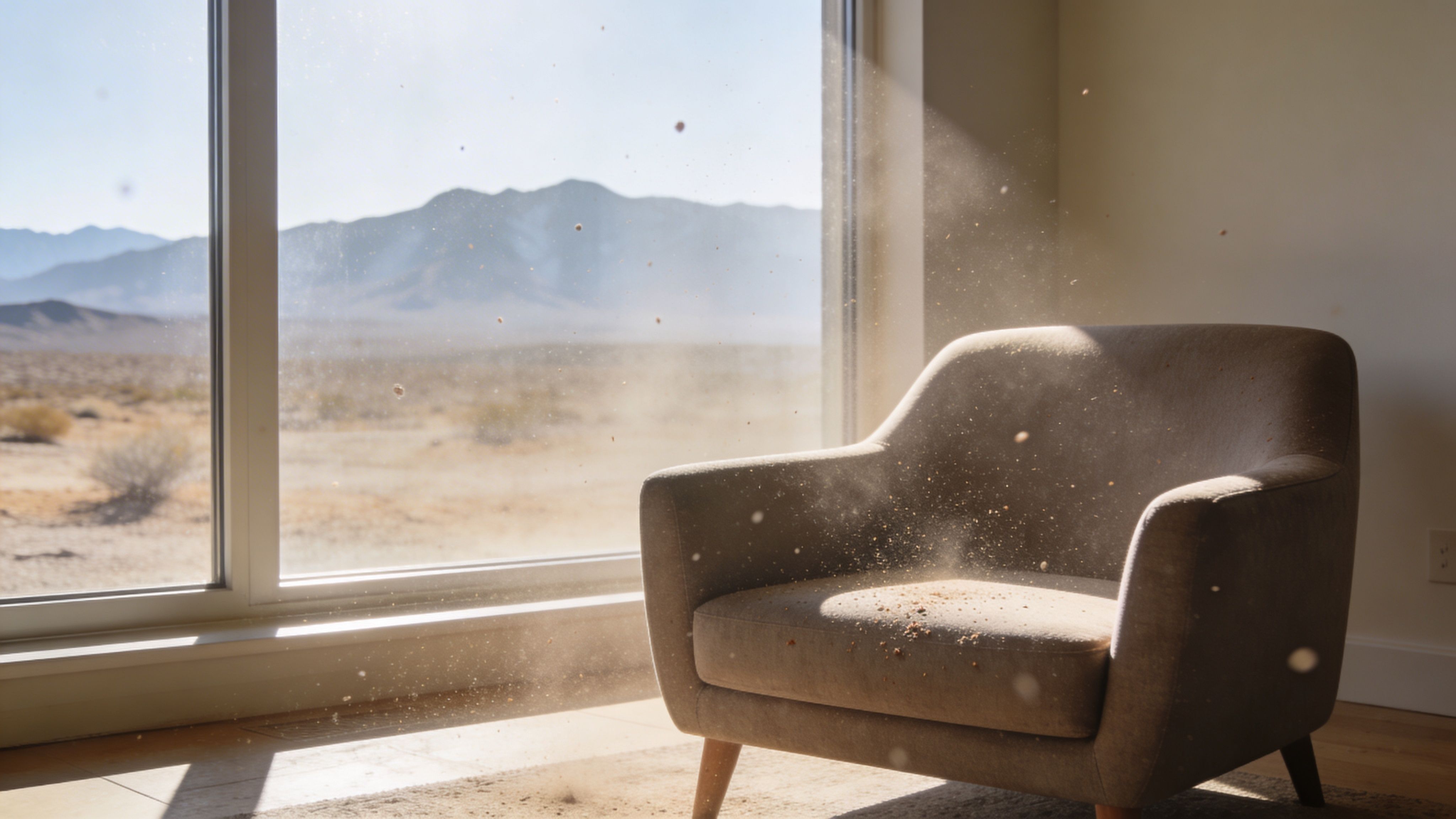 A dusty armchair sits near a large window in a room with a desert landscape view.