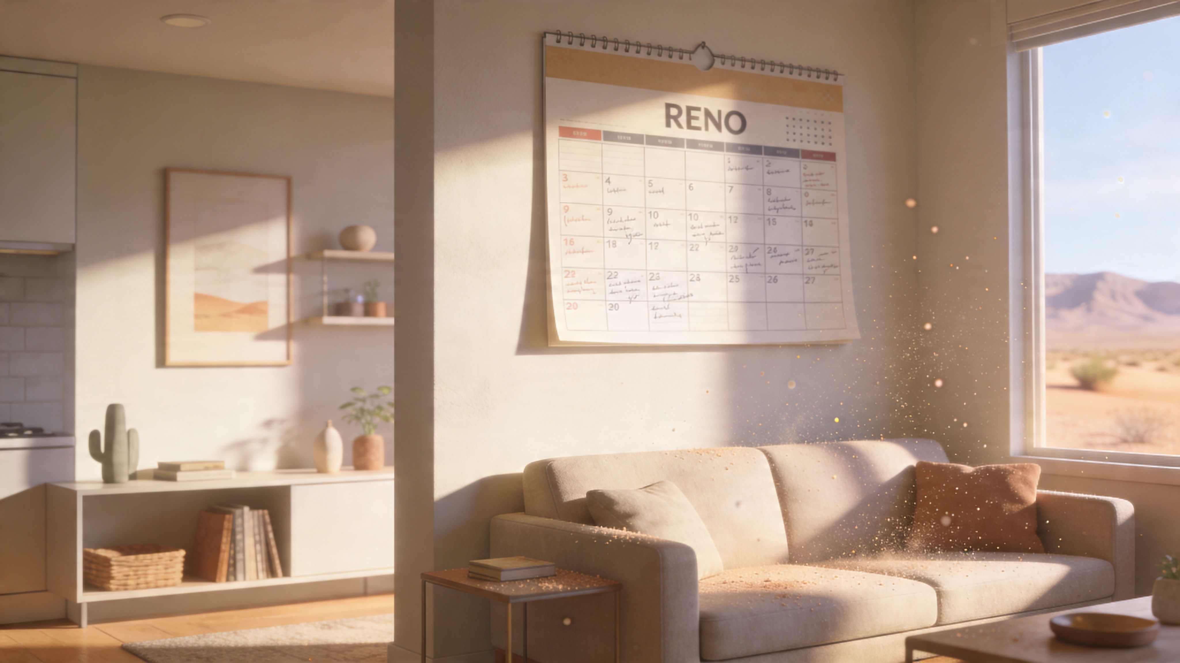 A sunlit living room with a calendar on the wall, comfortable sofa, and desert view through the window.