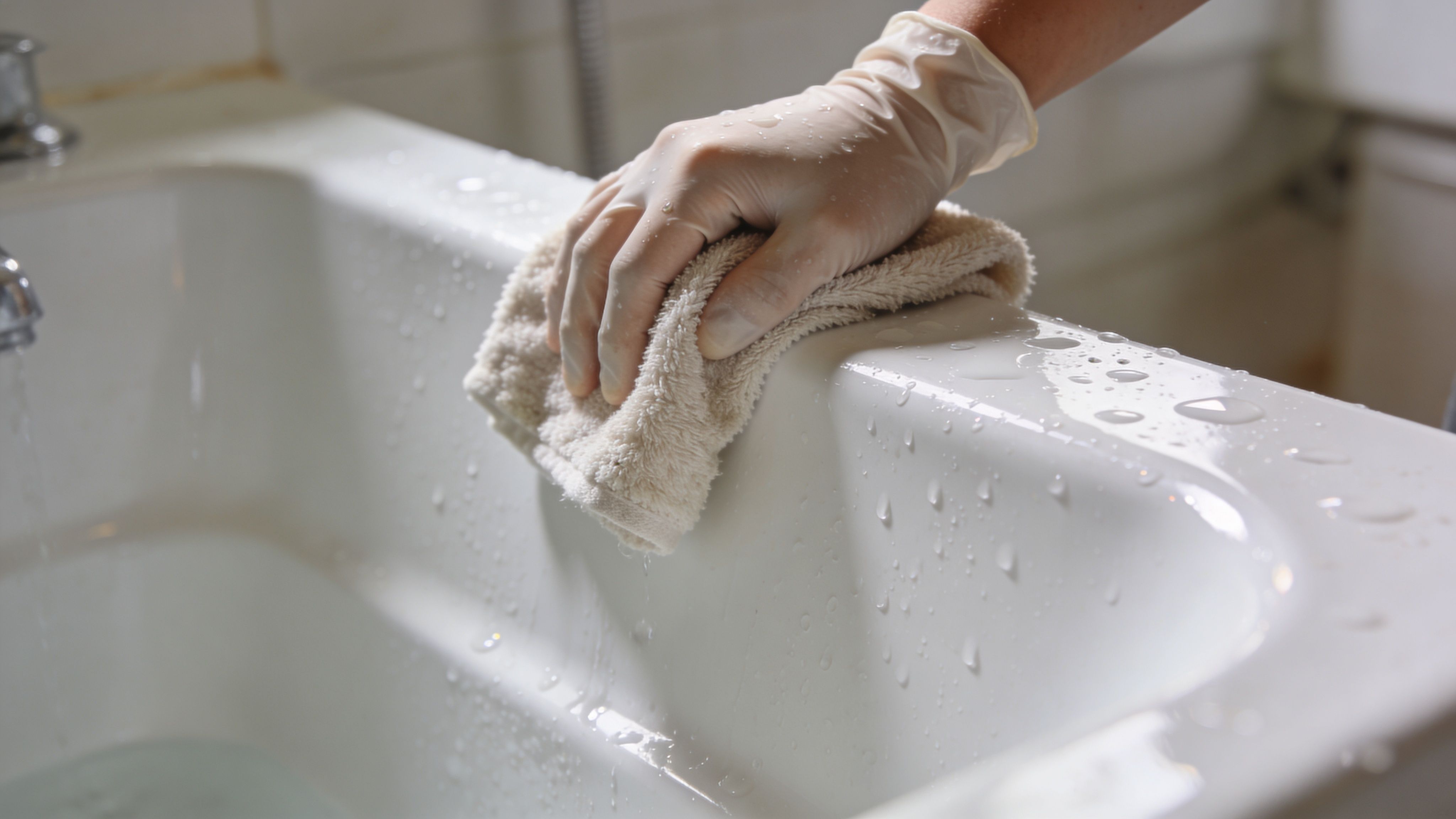 A hand in a protective glove using a cloth to wipe down a wet white plastic bathtub.