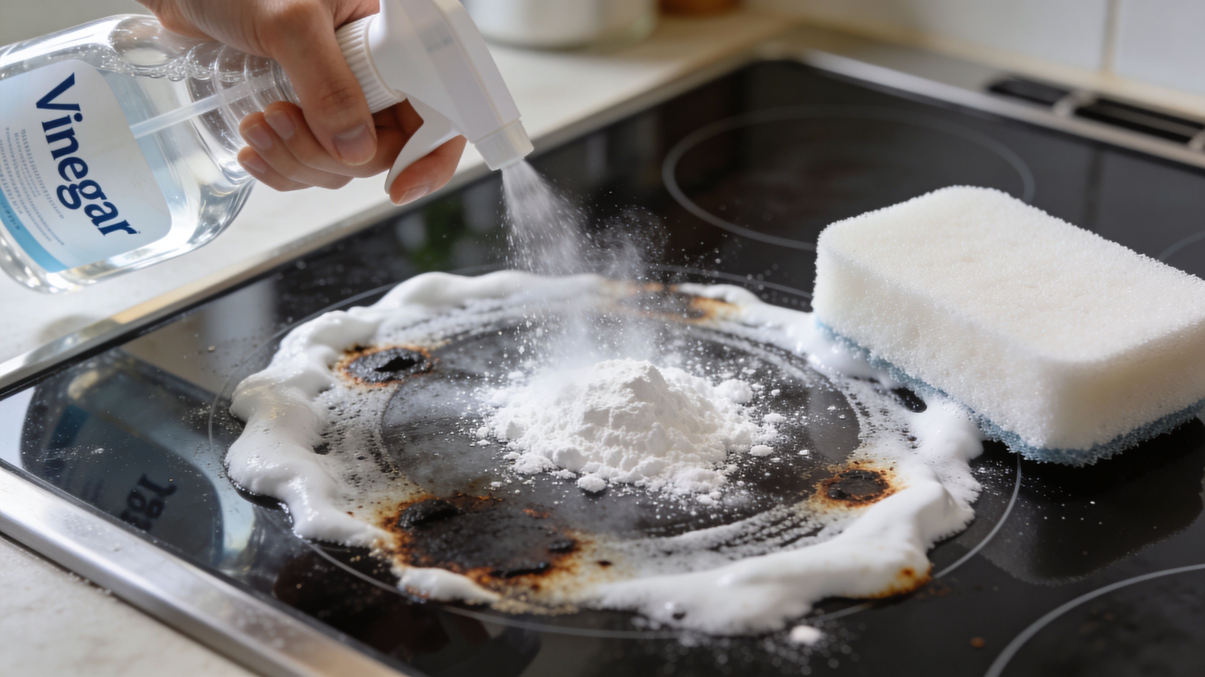 A hand spraying vinegar onto baking soda on a dirty glass top stove for cleaning.