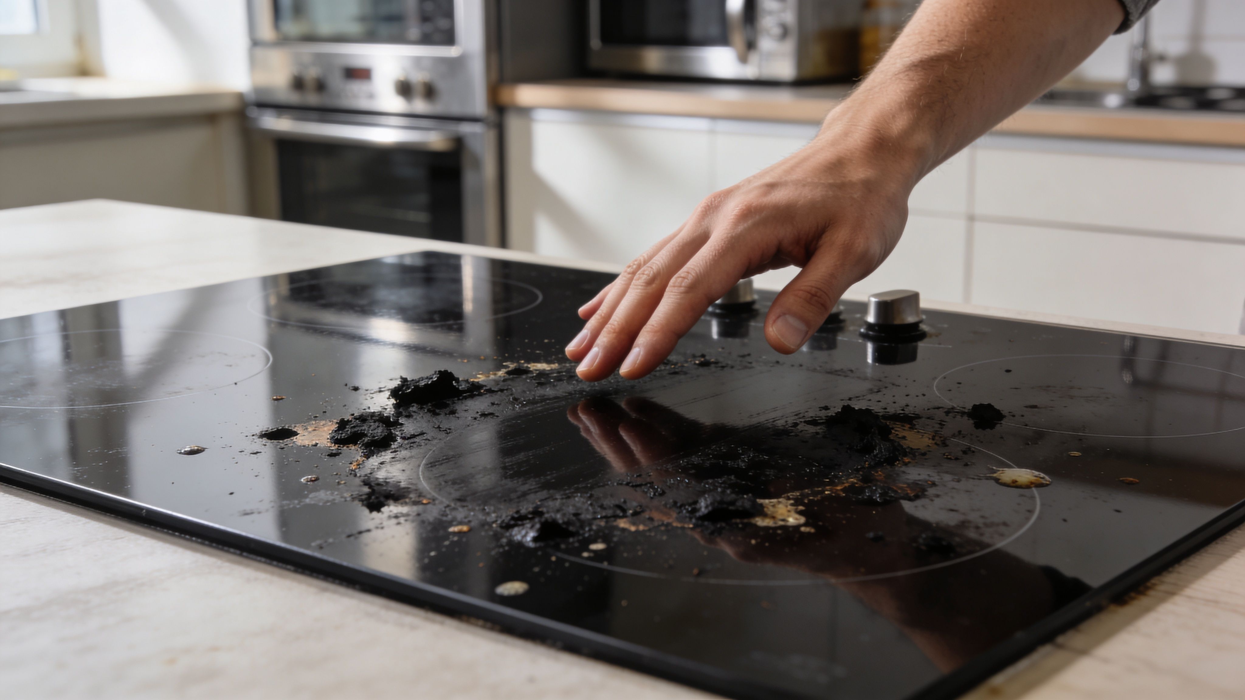 A person's hand reaching towards a dirty, burnt glass top stove in a modern kitchen setting.