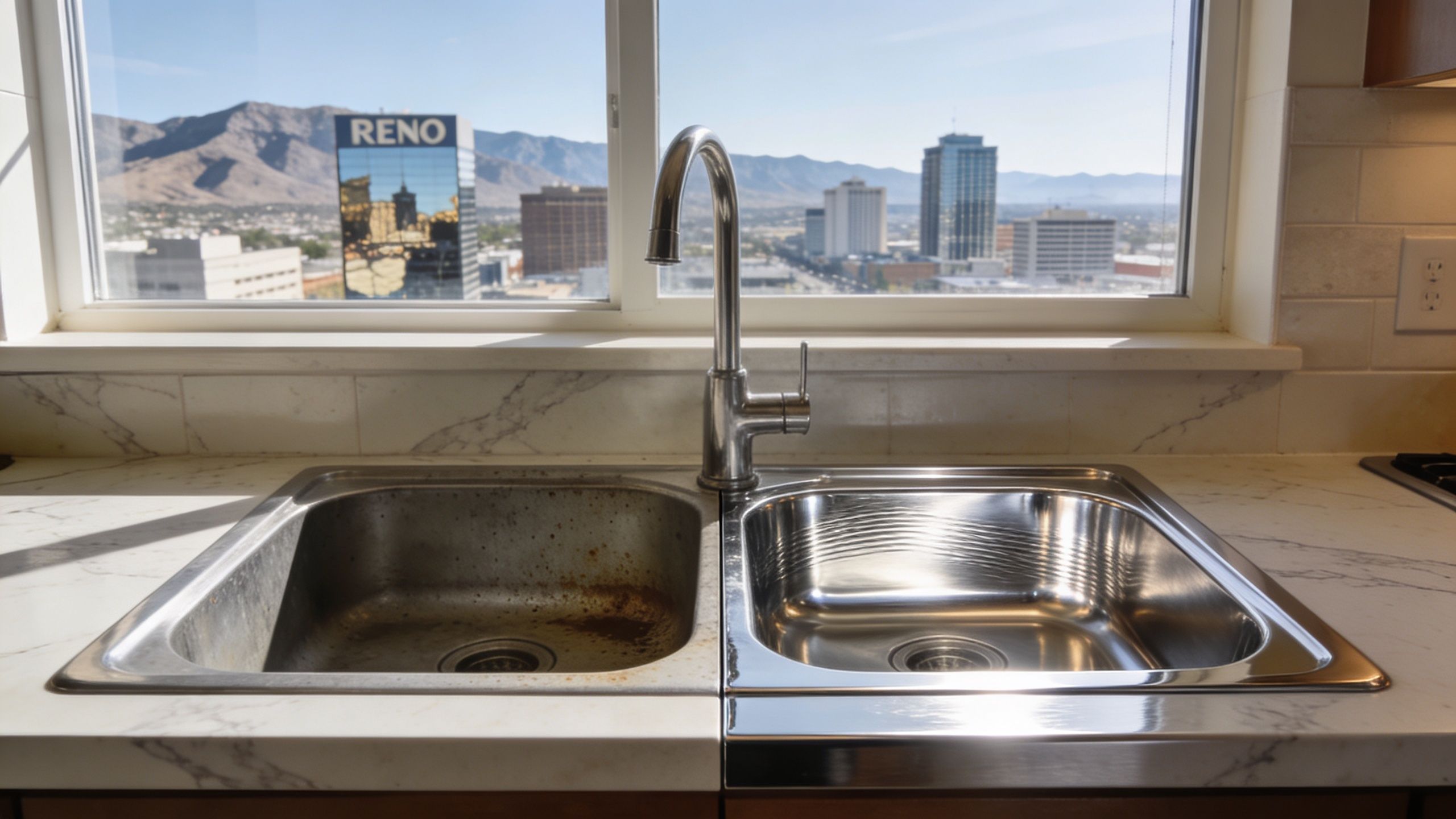 A split comparison of a dirty and a clean stainless steel kitchen sink with a city view.