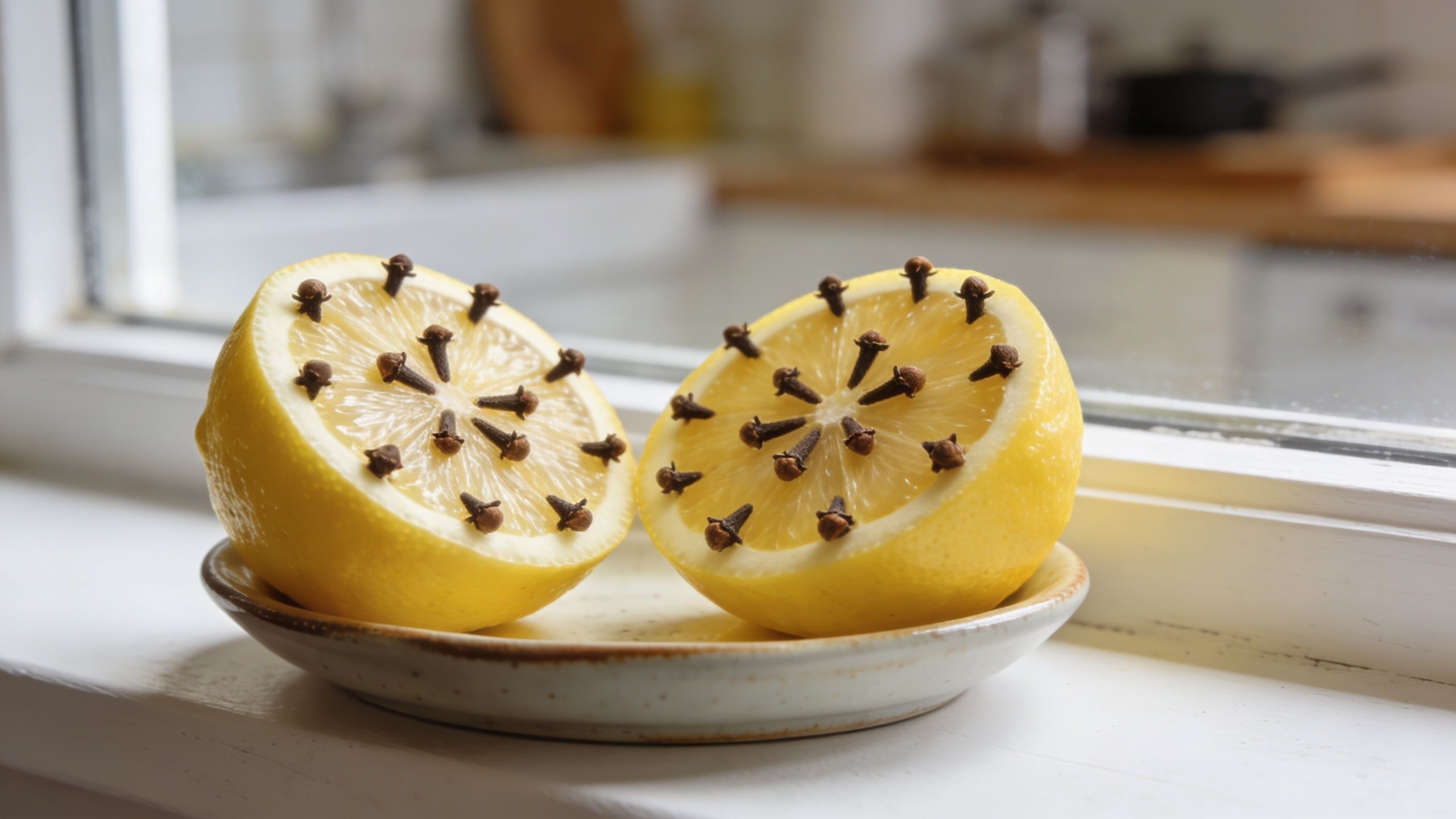 Two halves of a fresh lemon decorated with cloves, used as a natural home remedy for gnats.