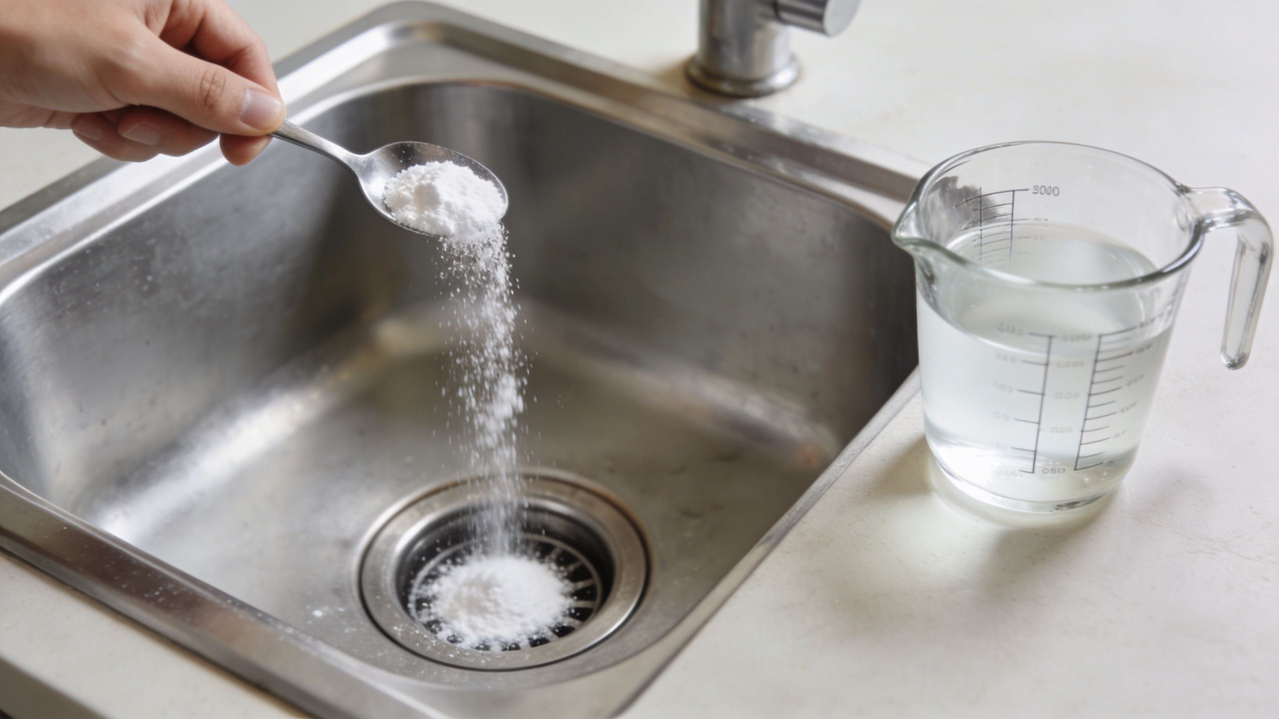A person pouring baking soda into a kitchen sink drain with a measuring cup of water nearby.