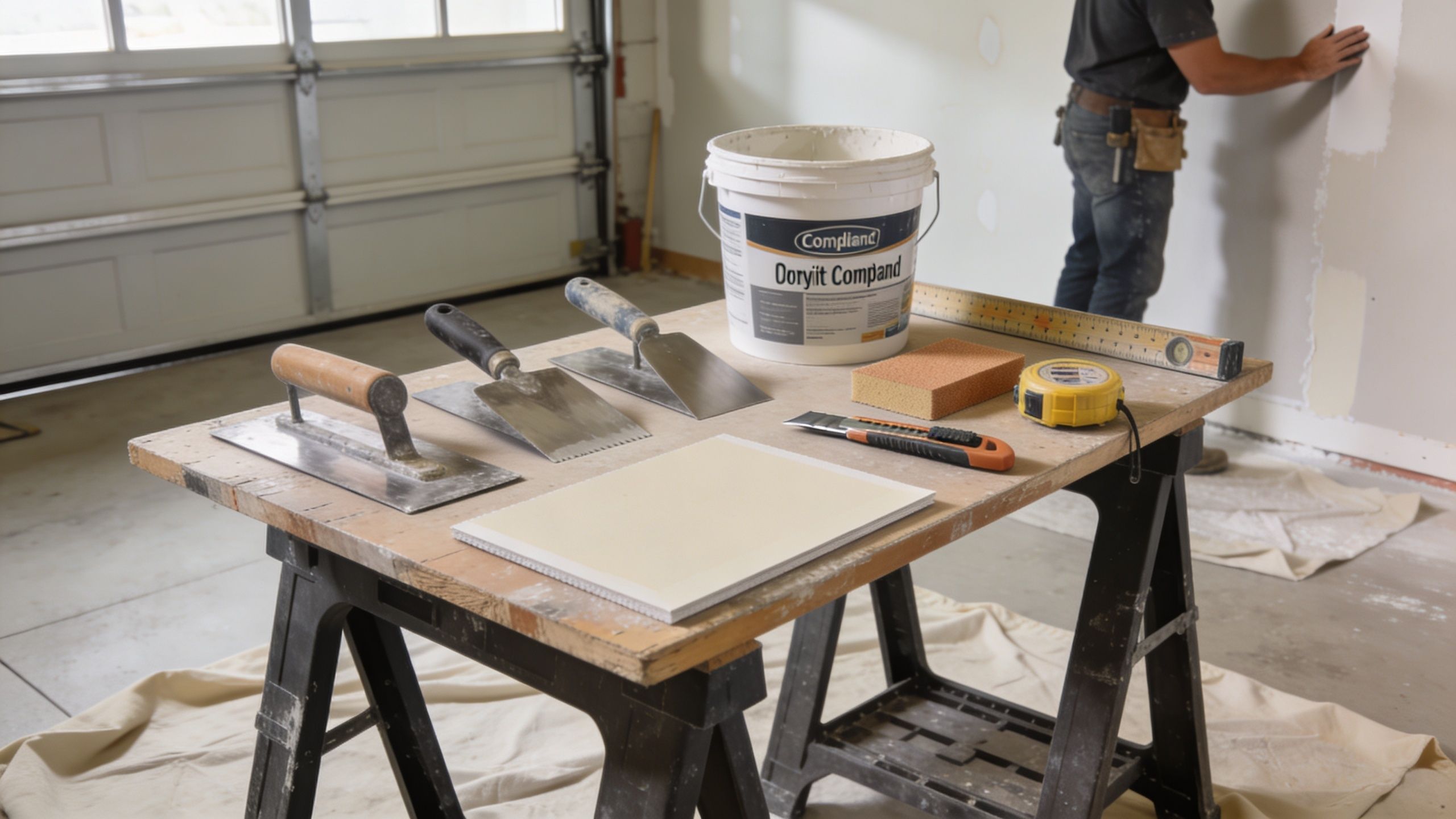 A work table in a garage with drywall tools, compound, and materials, with a worker in the background.