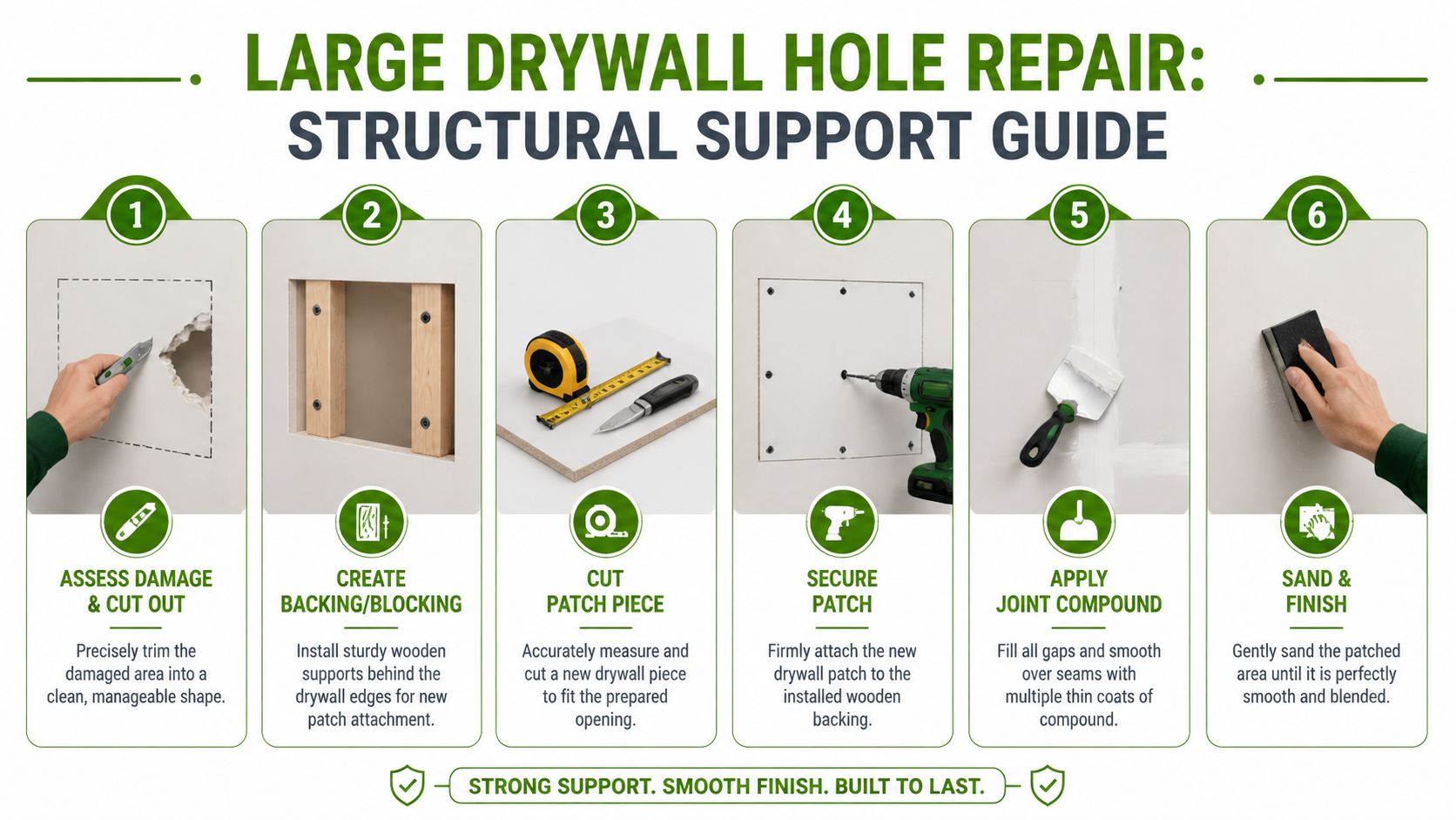 A six-step instructional guide on how to repair a large hole in a drywall using wooden supports.