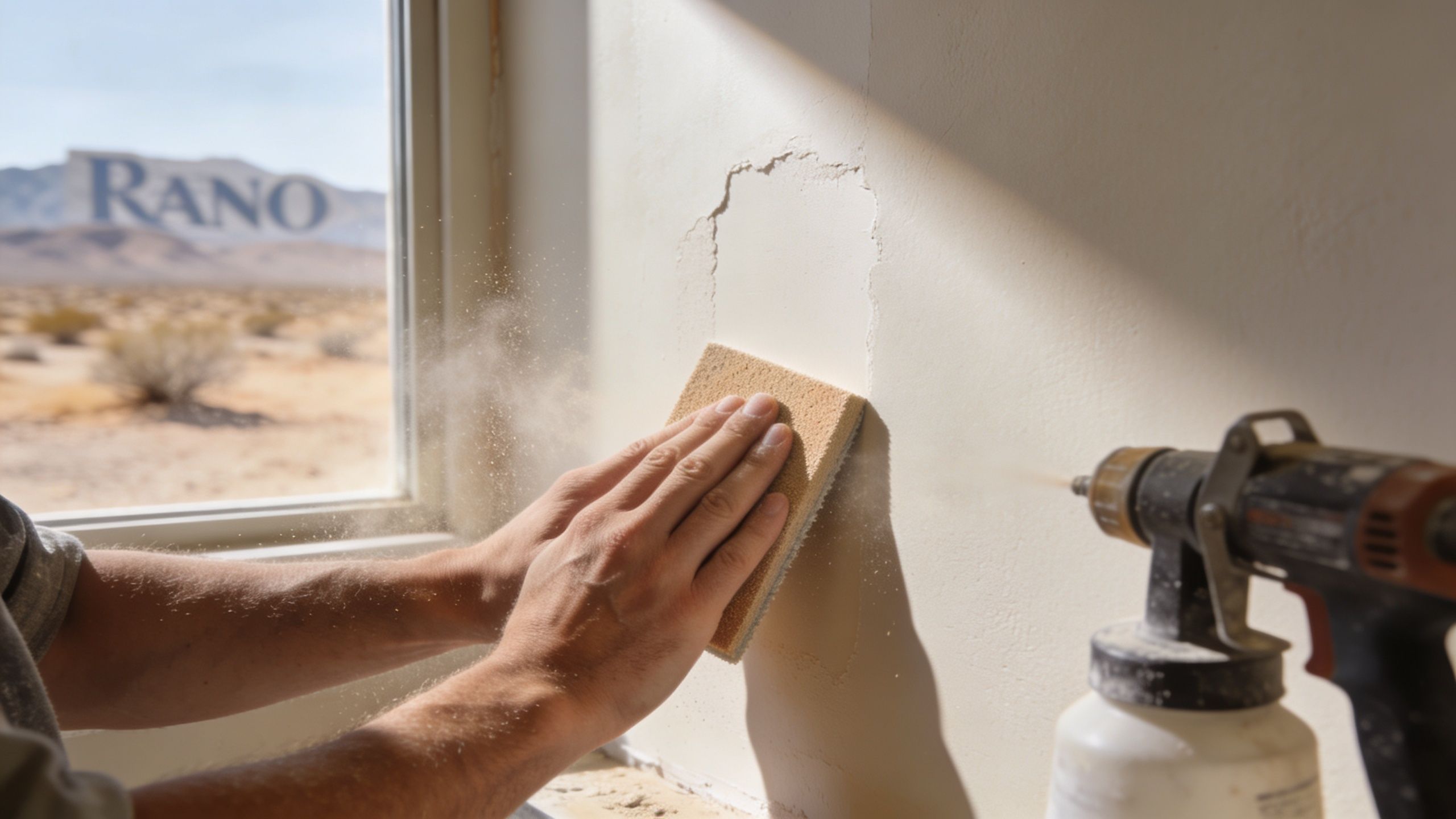 A worker sanding down a patched area on a wall near a window in a bright room.