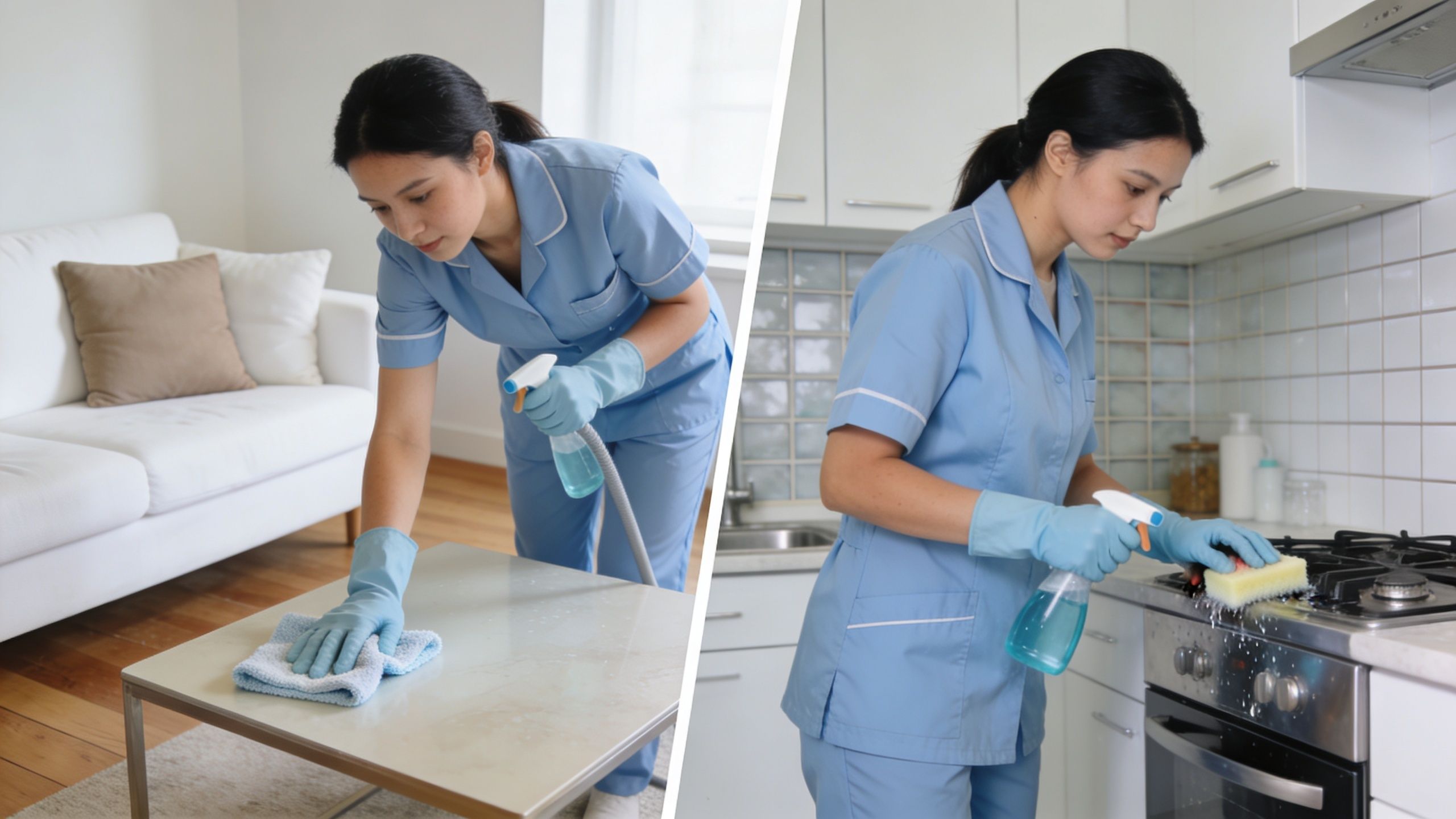 A professional house cleaner in a blue uniform cleaning a table and a stove surface.