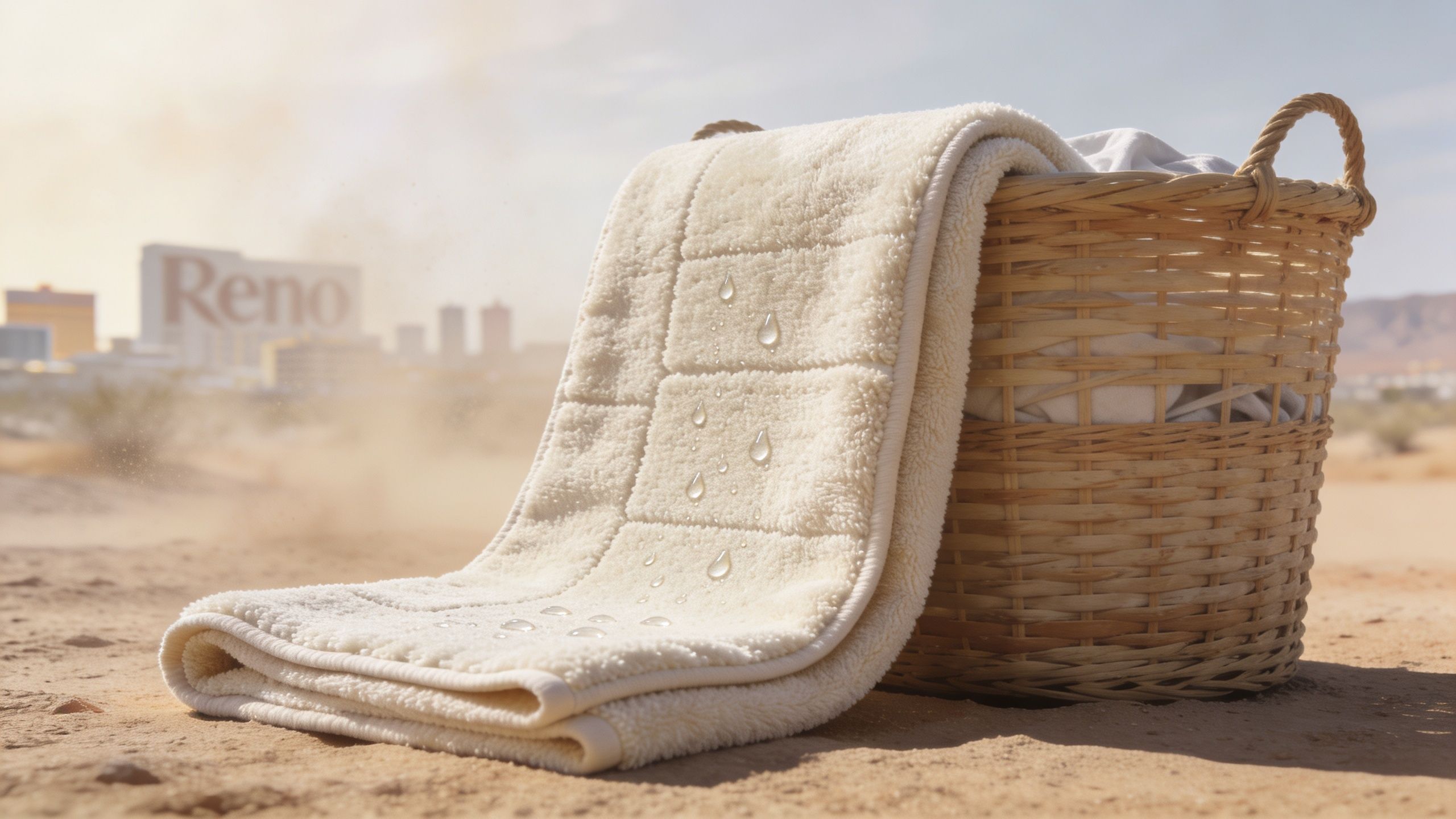 A beige bath mat resting on a desert ground next to a woven laundry basket near Reno.