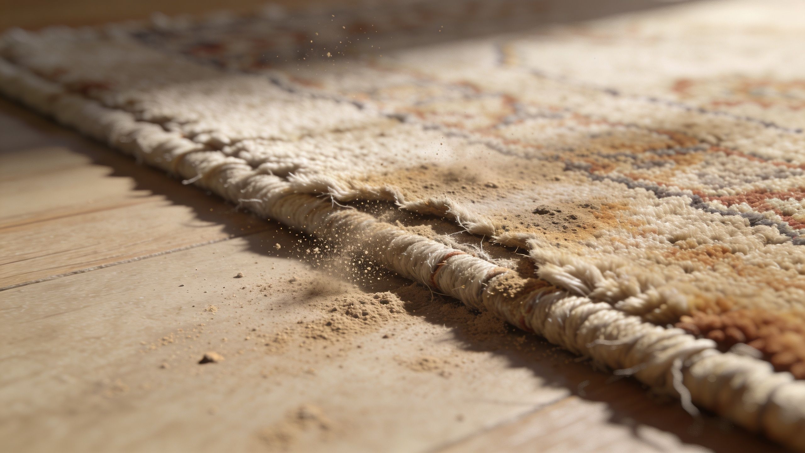 Close-up of a dirty rug being cleaned with dust particles floating in the sunlight above the floor.