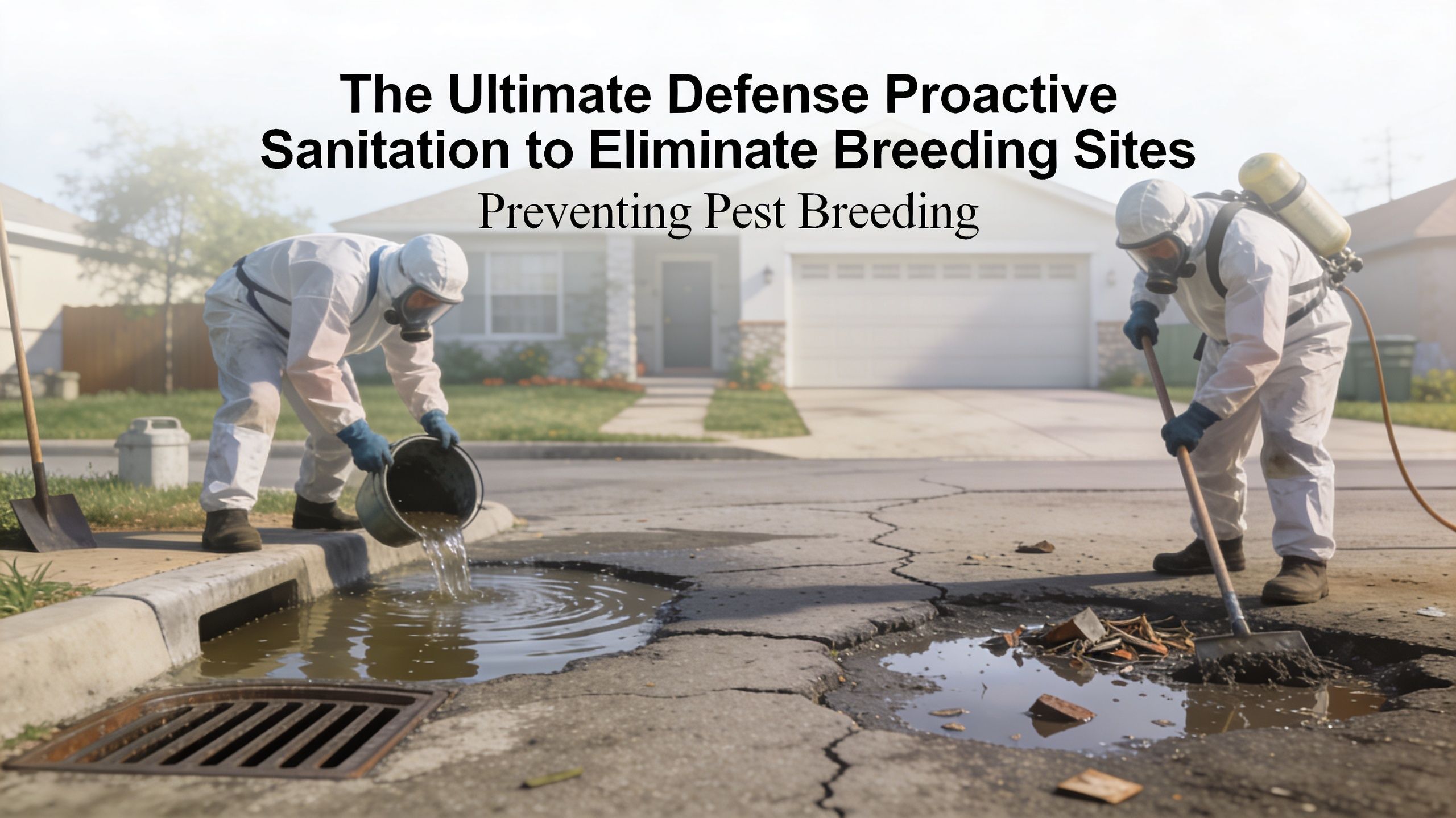 Two professionals in protective gear sanitizing a residential street to prevent insects from breeding in puddles.