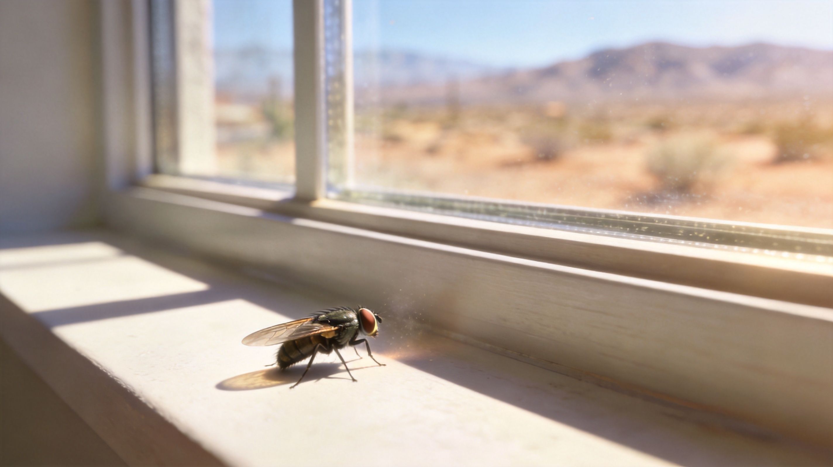 A close up view of a house fly resting on a window sill in the sunlight.