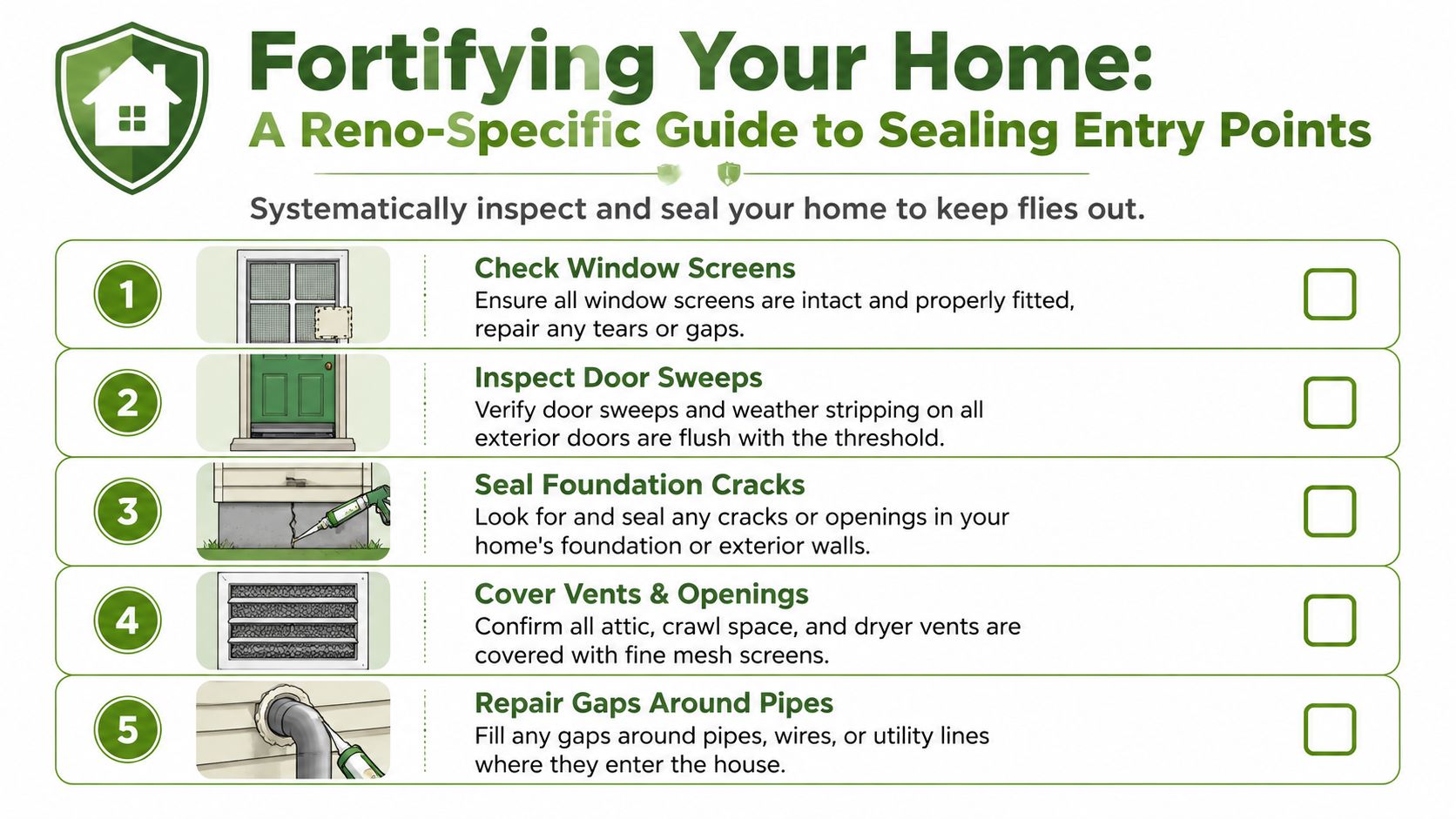 An infographic titled Fortifying Your Home illustrating five steps to seal your house against flies.