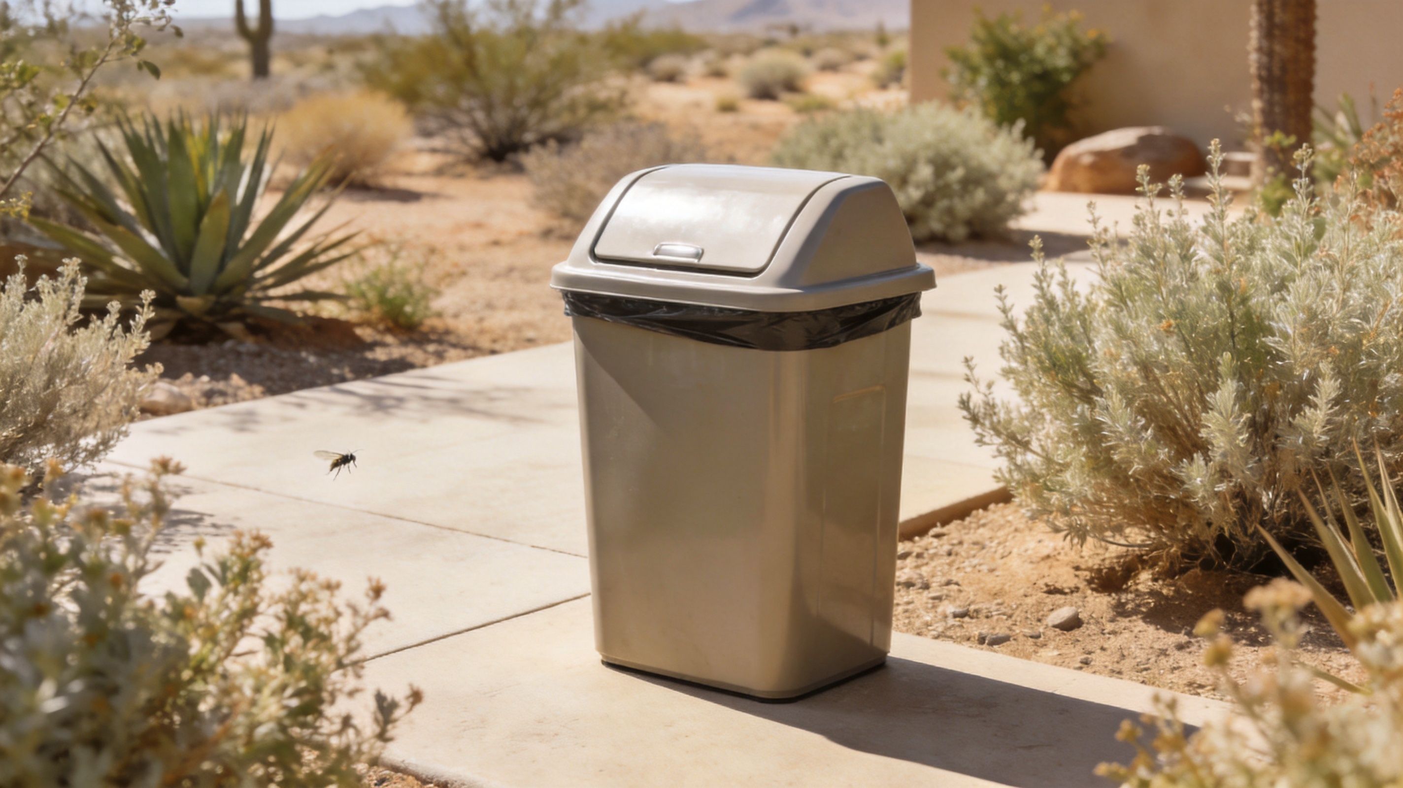 A beige plastic trash can standing on a sunny desert pathway with a fly buzzing nearby.