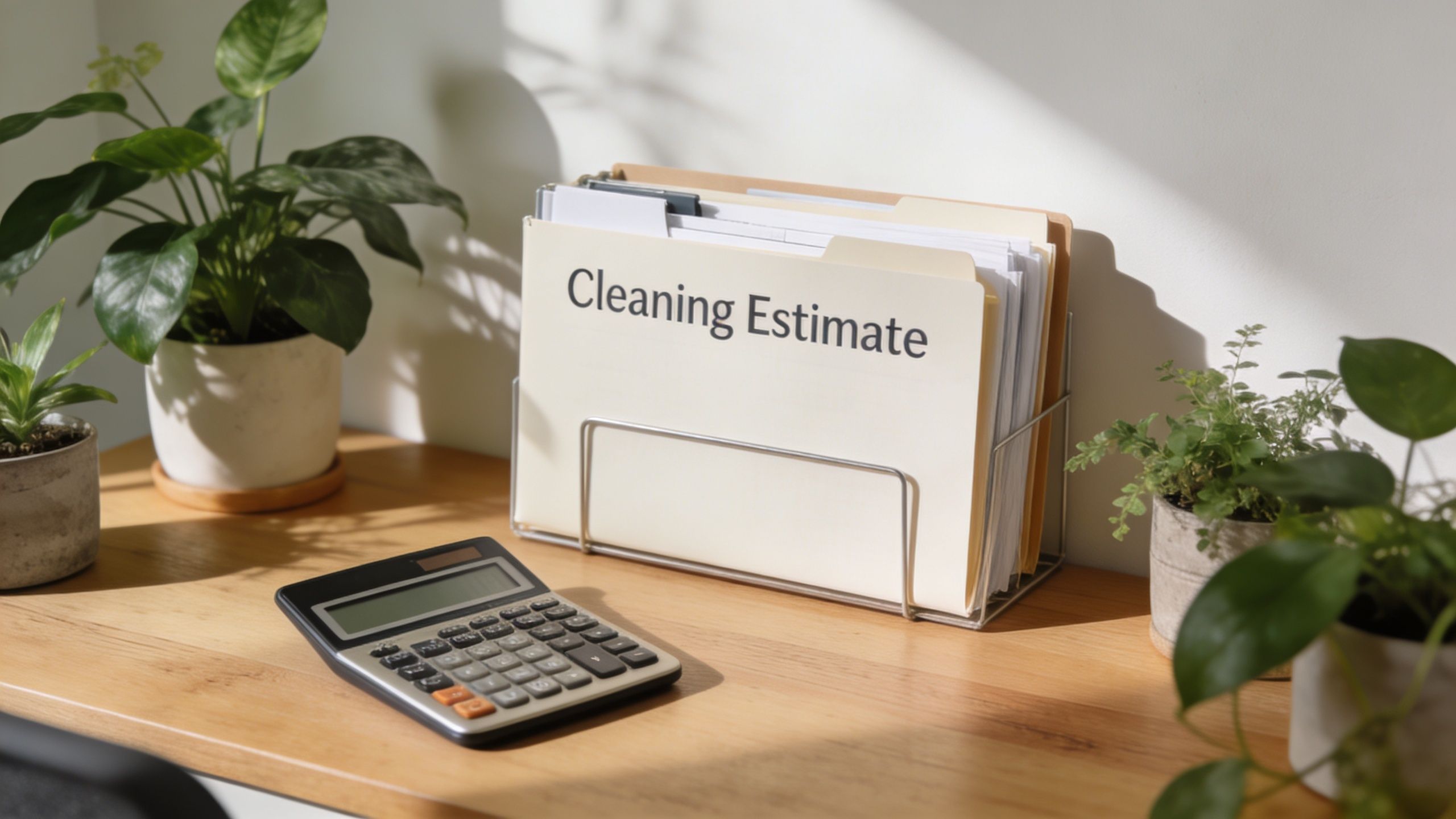 A professional cleaning estimate folder sits on a wooden desk next to a calculator and green plants.