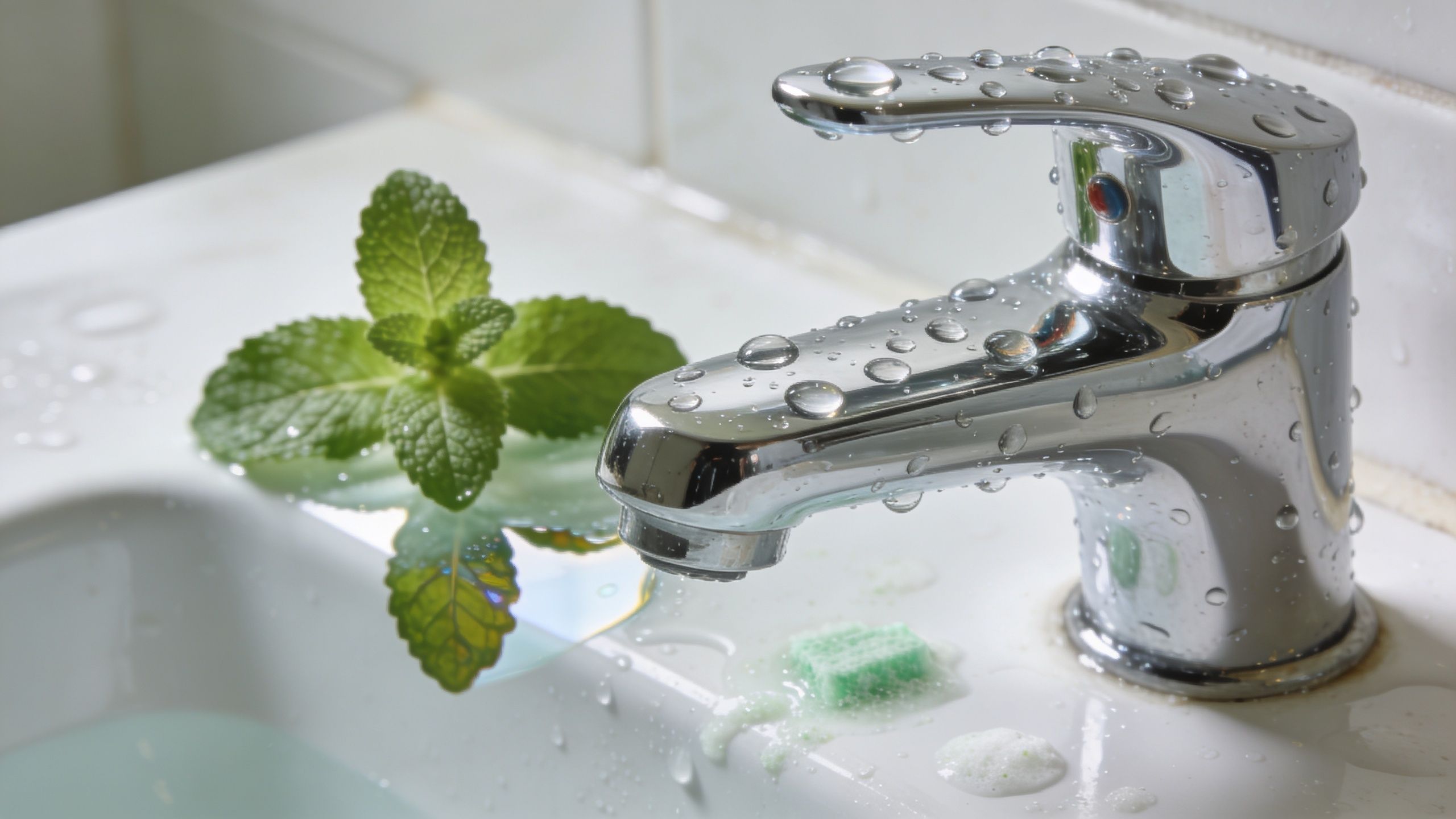 A chrome bathroom faucet covered in water droplets with a sprig of fresh peppermint beside it.
