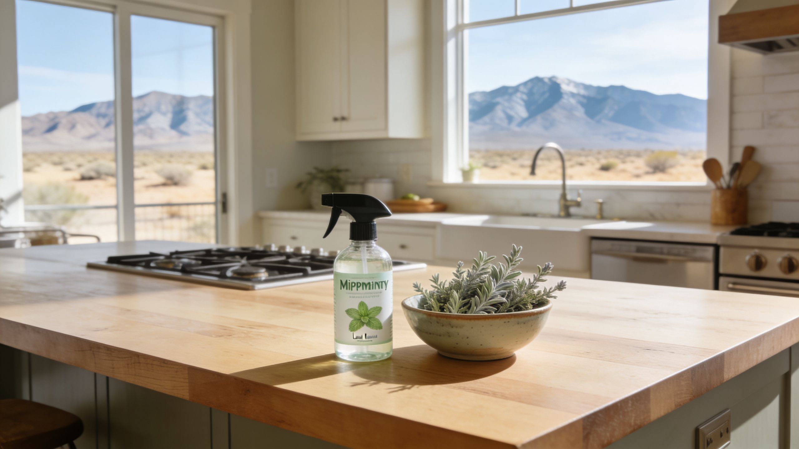 A clear spray bottle labeled Mippminty sitting on a wooden kitchen island next to a small bowl of herbs.