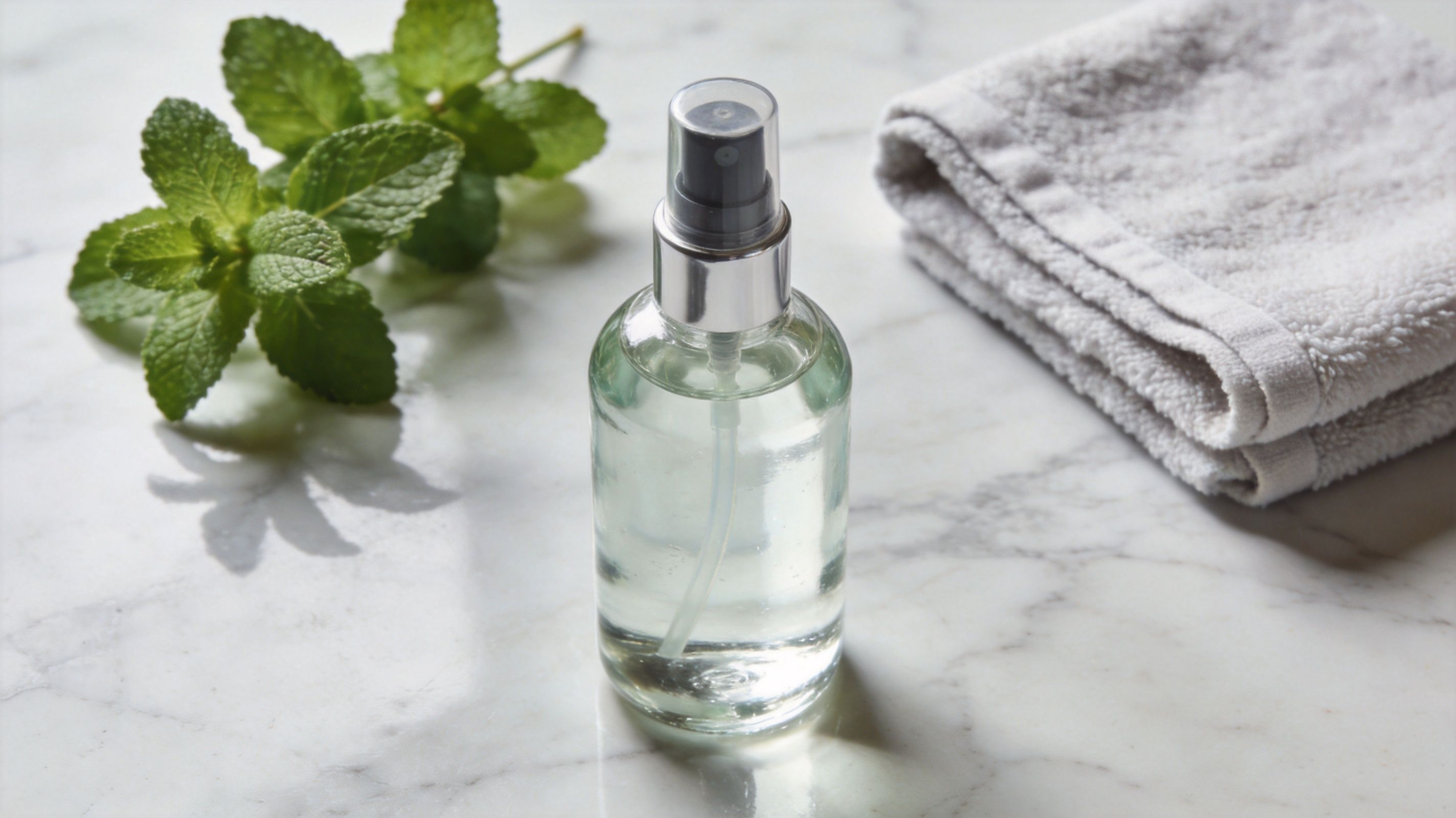 A clear spray bottle filled with refreshing peppermint liquid sits on a marble countertop beside fresh mint leaves.