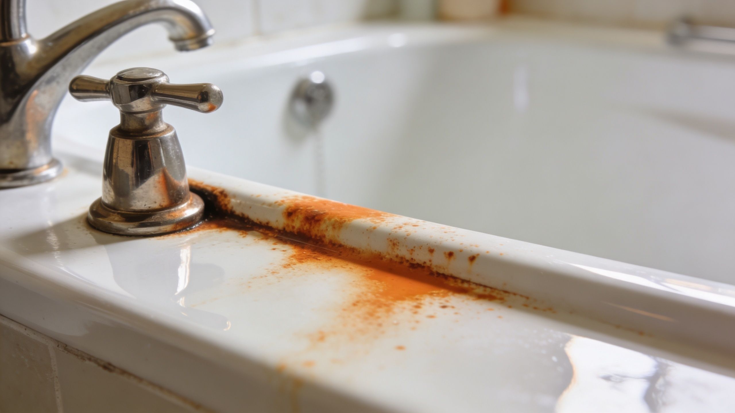 A close-up view of a bathroom bathtub edge showing prominent orange rust stains near the metal faucet.