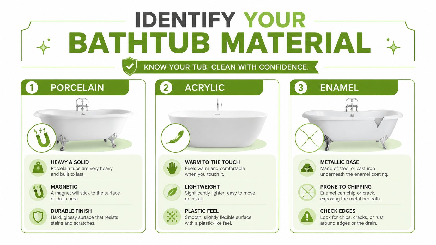 An infographic titled Identify Your Bathtub Material, explaining features of porcelain, acrylic, and enamel bathtubs.