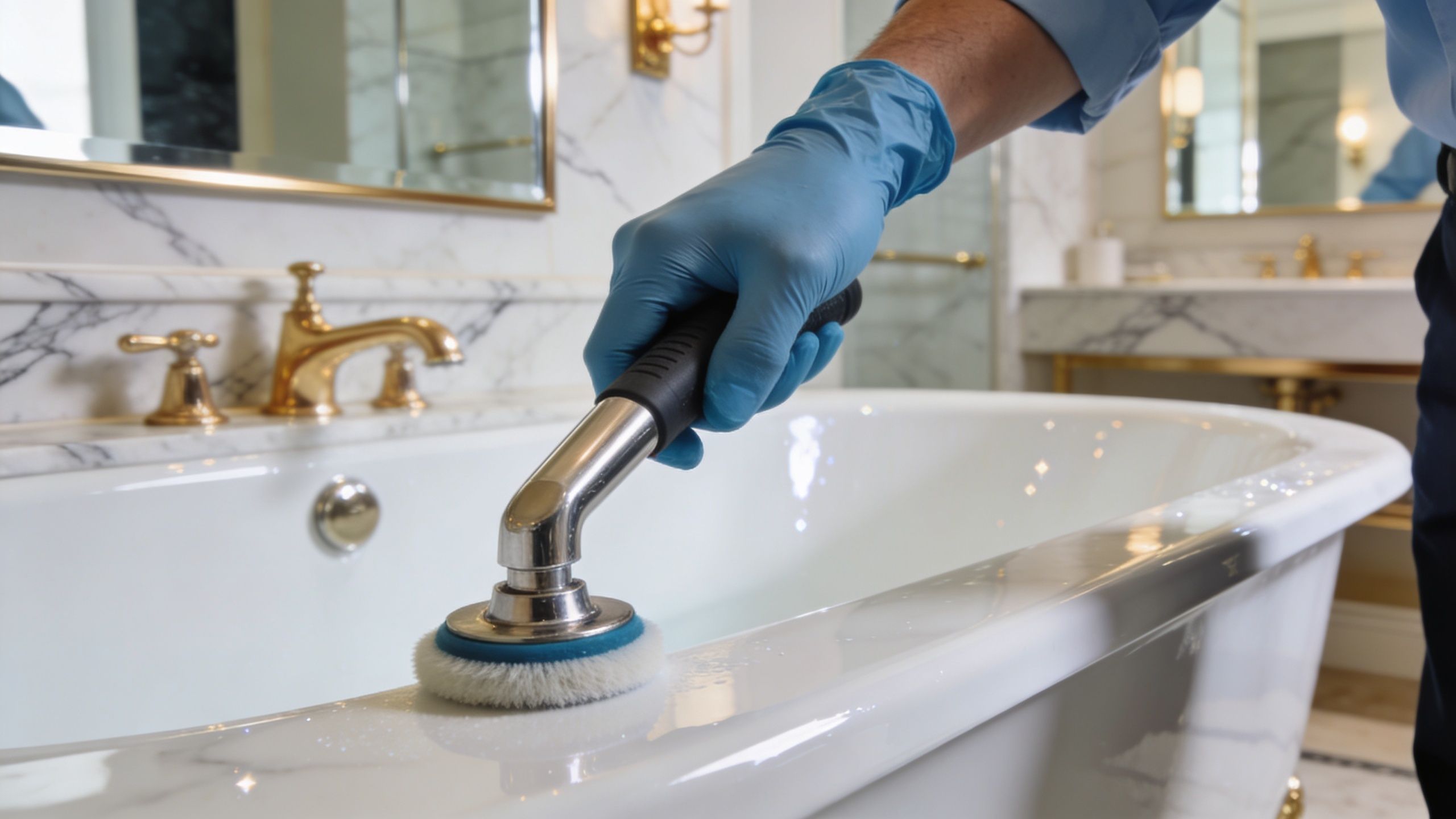 A person wearing blue gloves uses an electric scrubbing brush to clean a white bathtub.