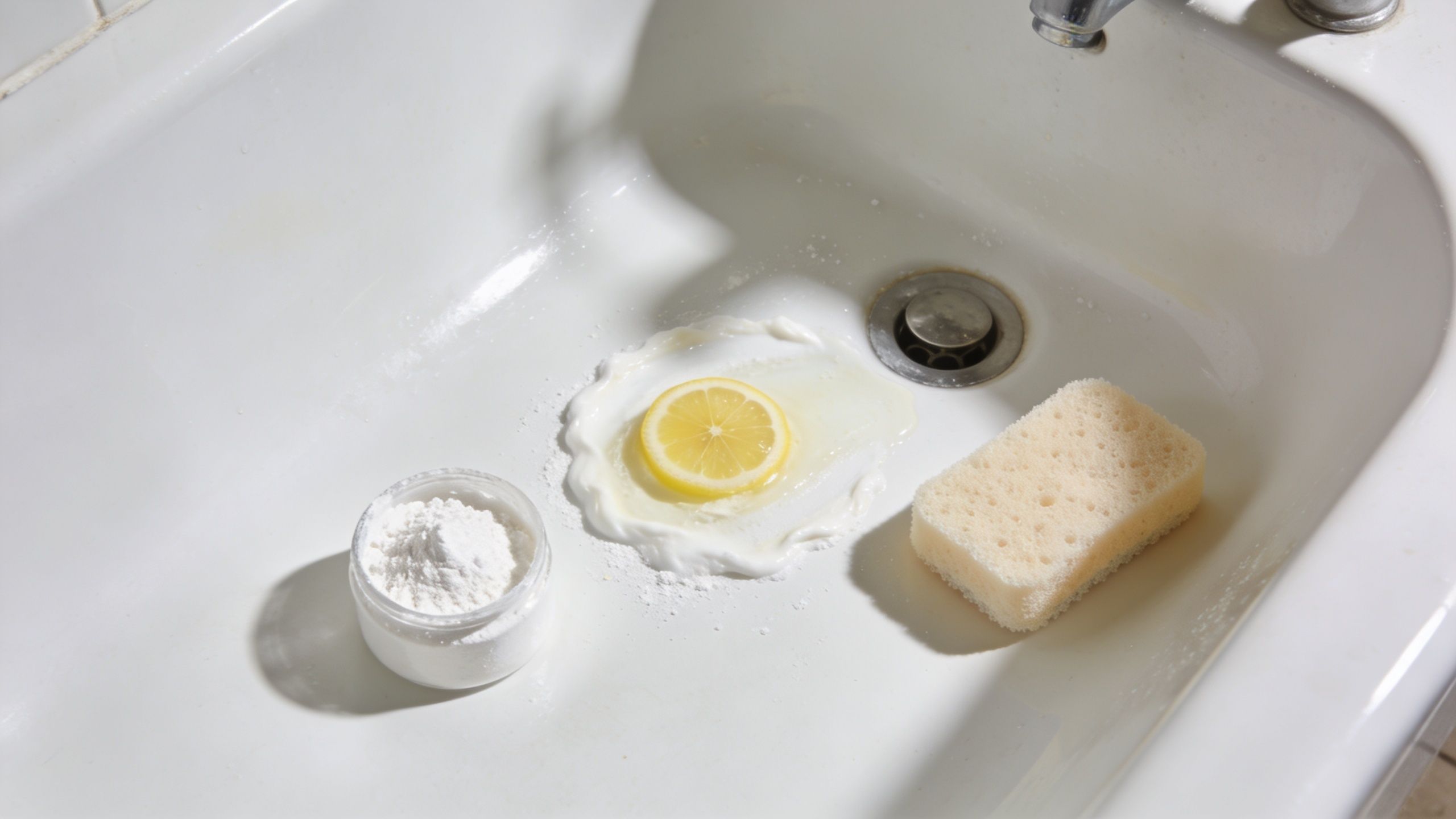 A lemon slice and baking soda paste in a bathtub for cleaning rust stains