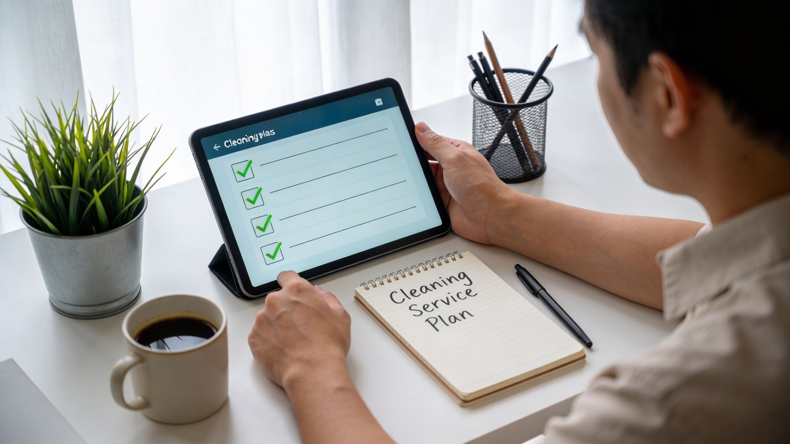 A person reviewing a digital cleaning service checklist on a tablet at a desk with a notepad.