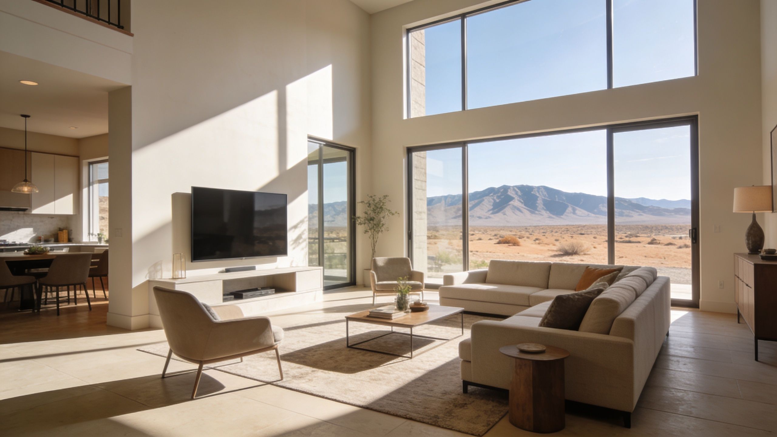 A bright, modern living room with tall windows overlooking a desert landscape with mountains in the distance.