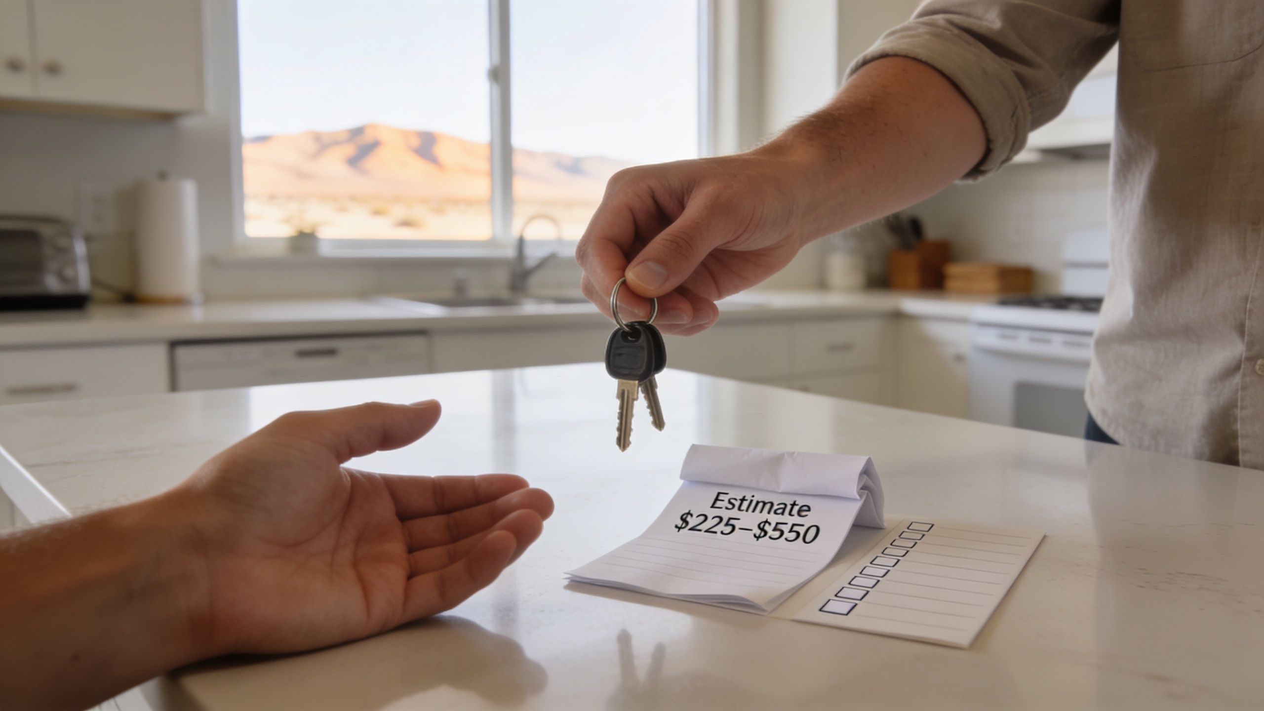 A person handing house keys to another person over a counter with a cleaning cost estimate notepad.