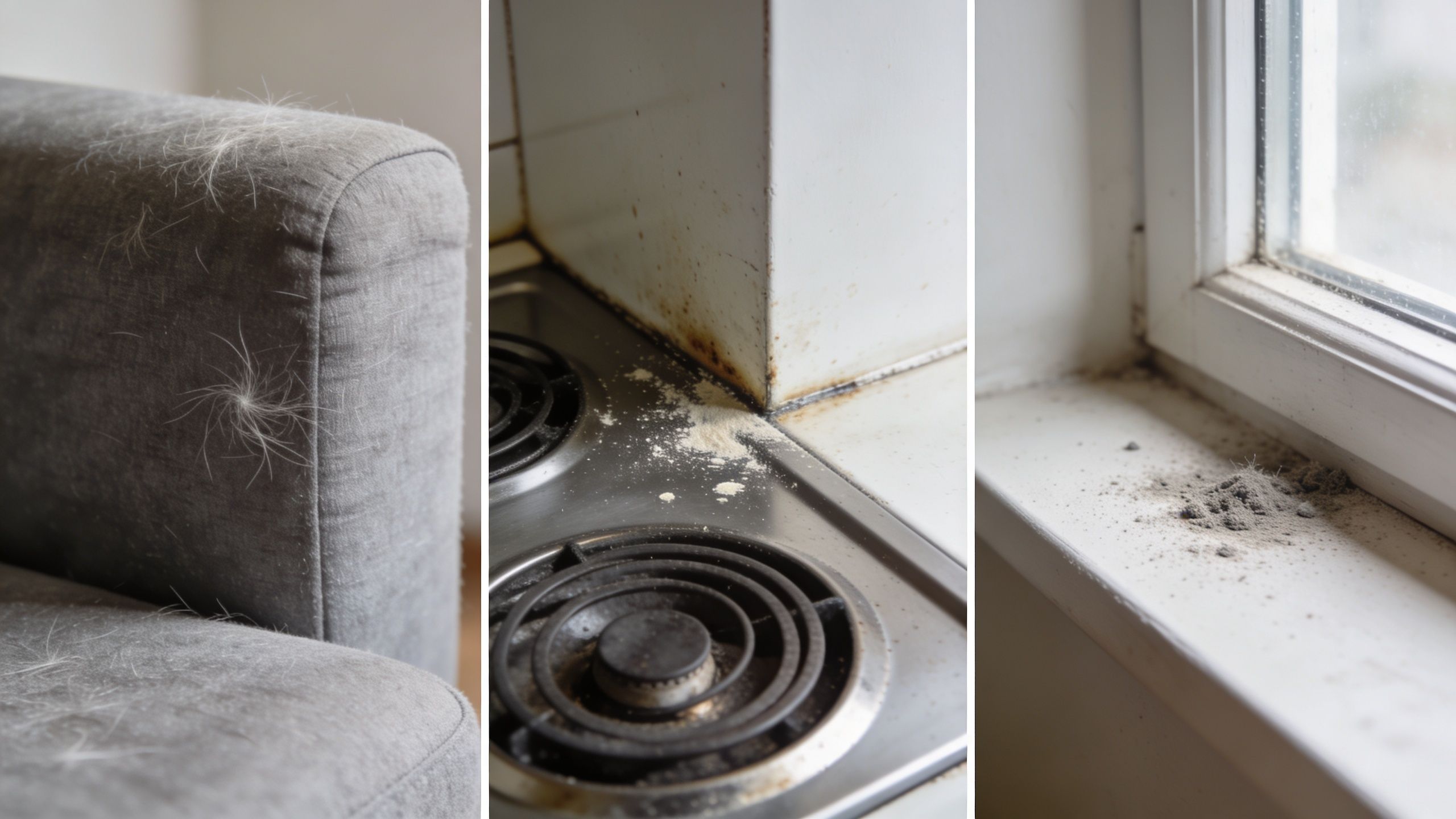 A triptych showing a grey couch covered in pet hair, a dirty stove top, and a dusty window sill.