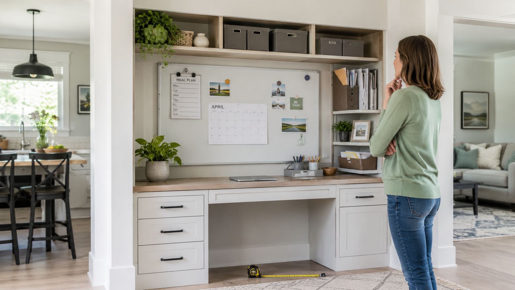 A woman looks at a home command center with a desk, whiteboard, calendar, and storage baskets.