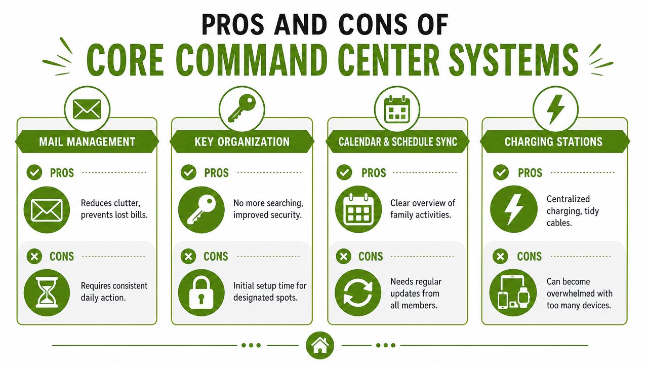 An infographic showing the pros and cons of four common home command center systems including mail, keys, calendars, and charging.