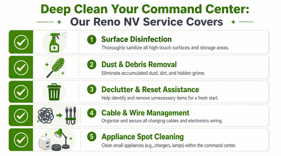 A checklist infographic detailing professional cleaning services for a home command center in Reno, Nevada.