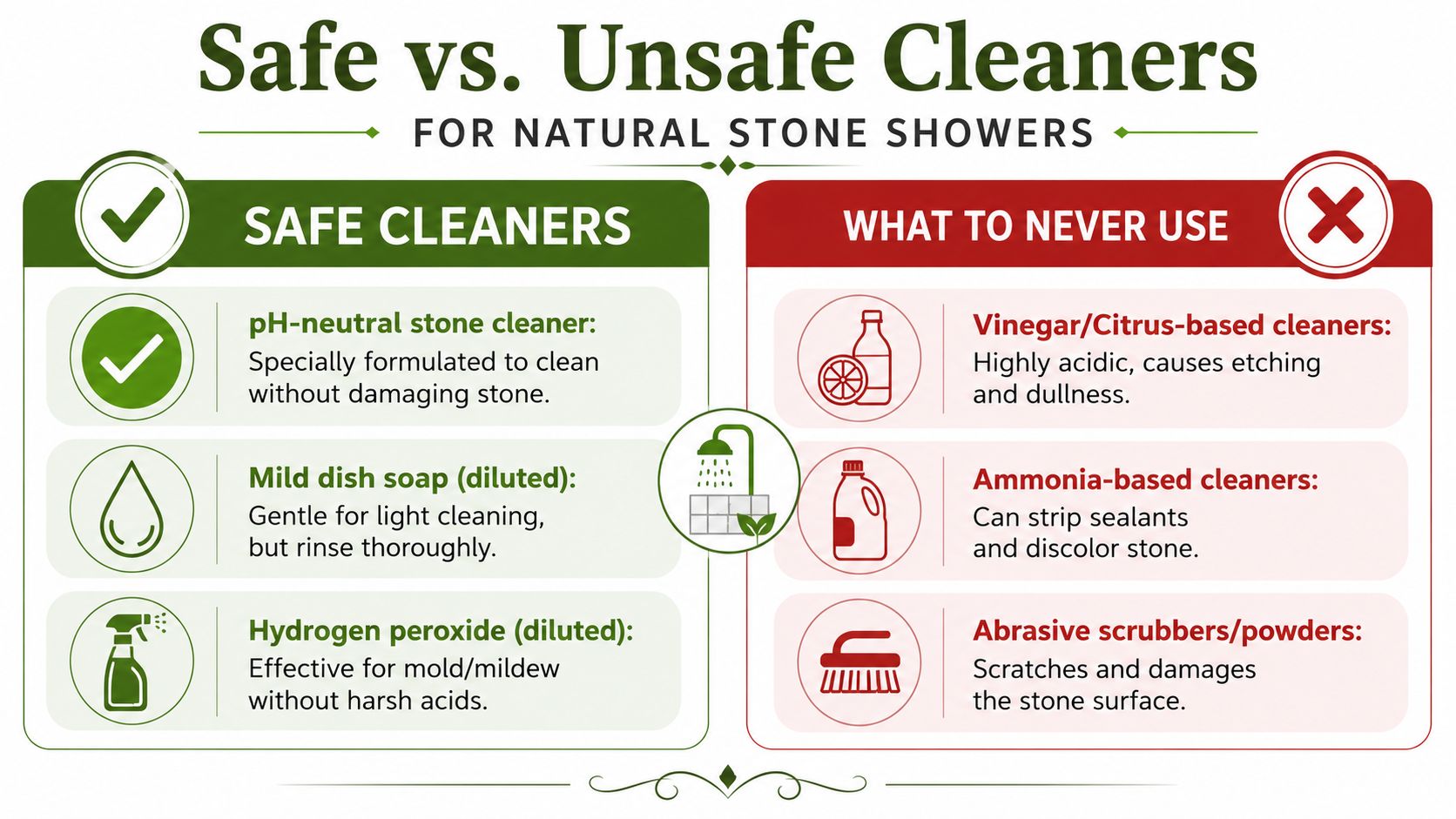 An infographic comparing safe cleaning agents versus unsafe cleaning products for natural stone shower surfaces.
