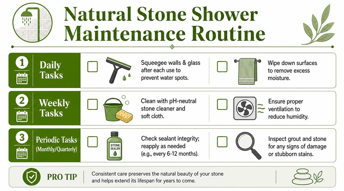 An infographic detailing a natural stone shower maintenance routine with daily, weekly, and periodic cleaning tasks.