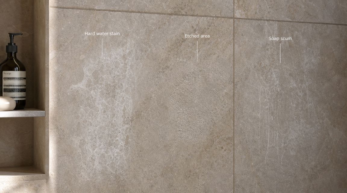 Close up of natural stone shower tiles showing common surface damage like hard water stains, etching, and soap scum.