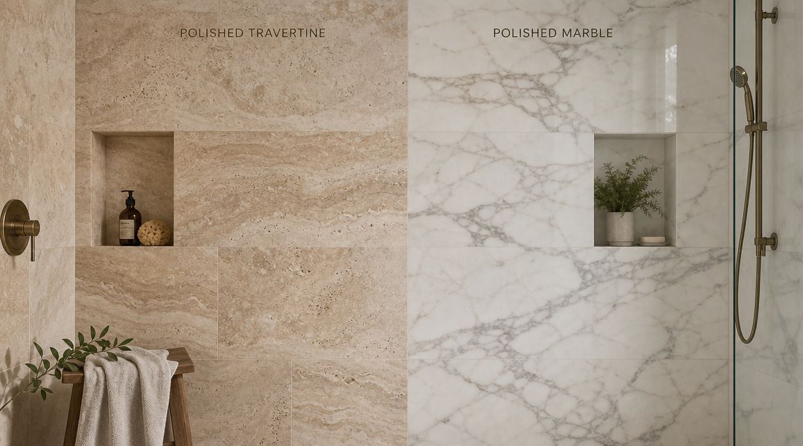 A split image showing polished beige travertine and polished white marble wall tiles in a modern shower.