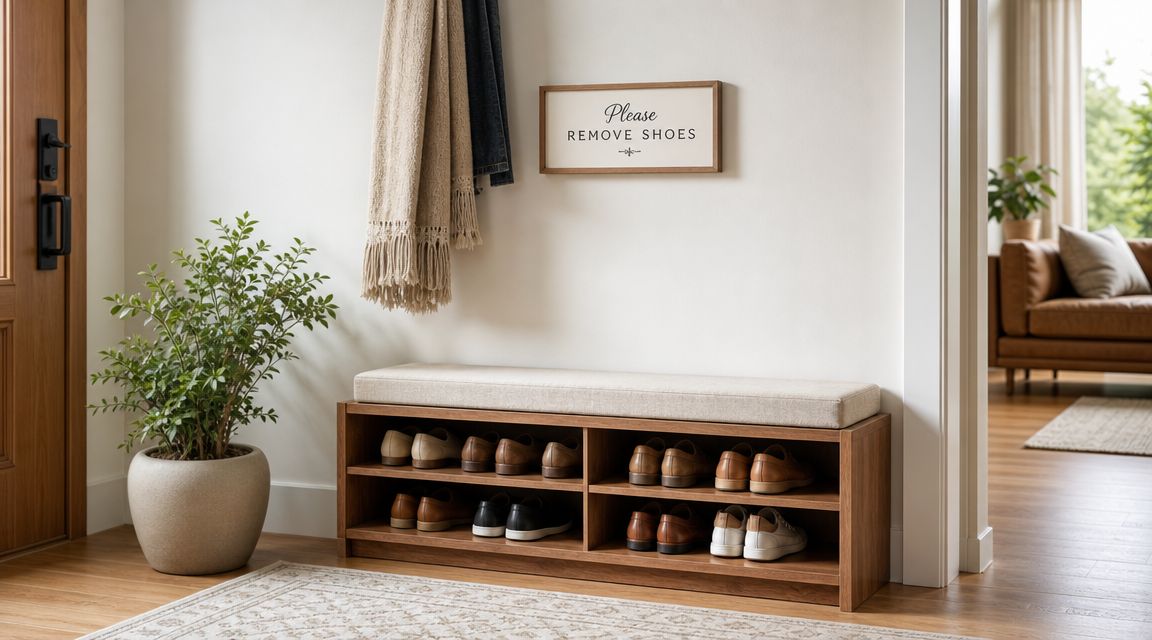 A modern entryway featuring a wooden shoe bench with a sign asking guests to remove their shoes.
