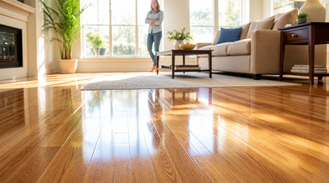 A brightly lit living room with shiny hardwood floors and a woman standing by the window