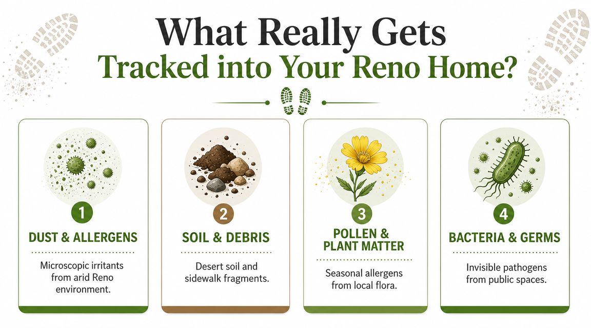 An infographic showing four common contaminants tracked into homes on shoes in the Reno, Nevada area.