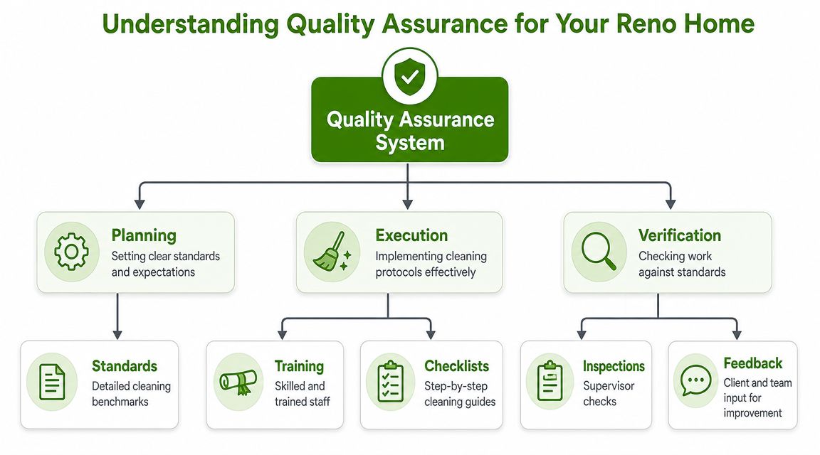 An organizational chart showing the three main stages of a professional cleaning quality assurance system: planning, execution, and verification.