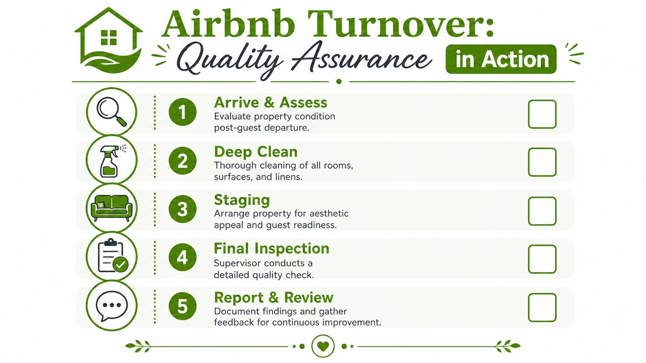 An infographic showing a five-step quality assurance process for Airbnb property turnover and cleaning.